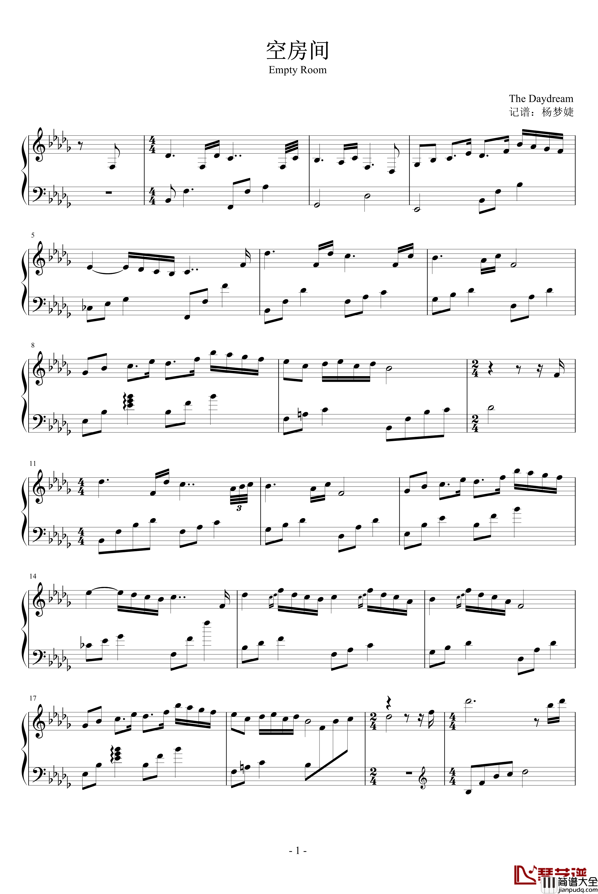 空房间钢琴谱_emptyroom_Daydream