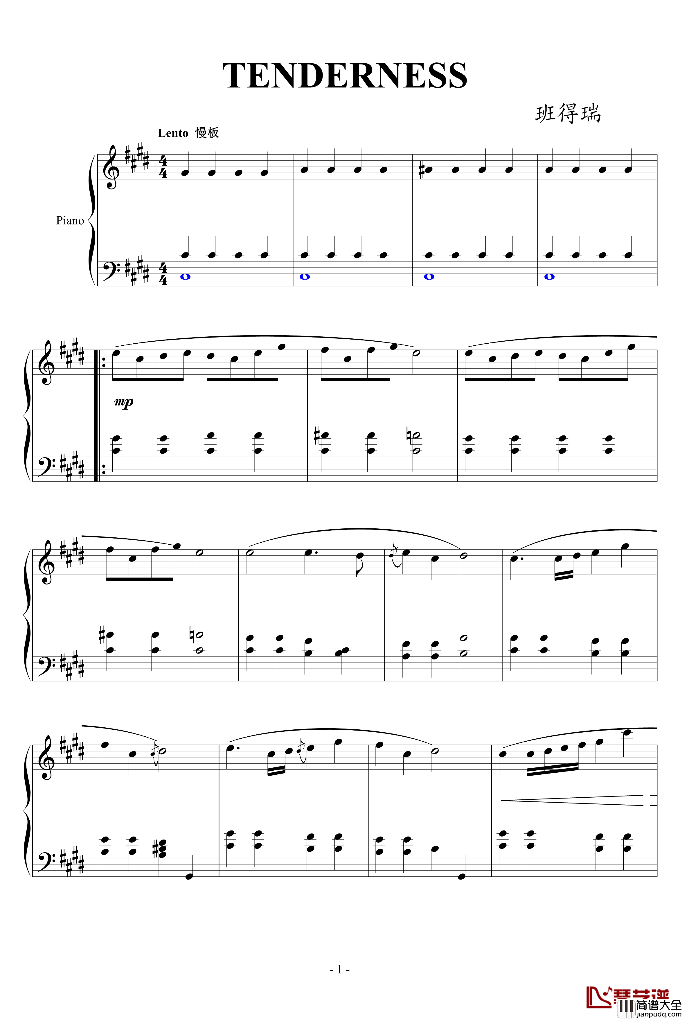TENDERNESS钢琴谱_款款柔情_班得瑞_Bandari