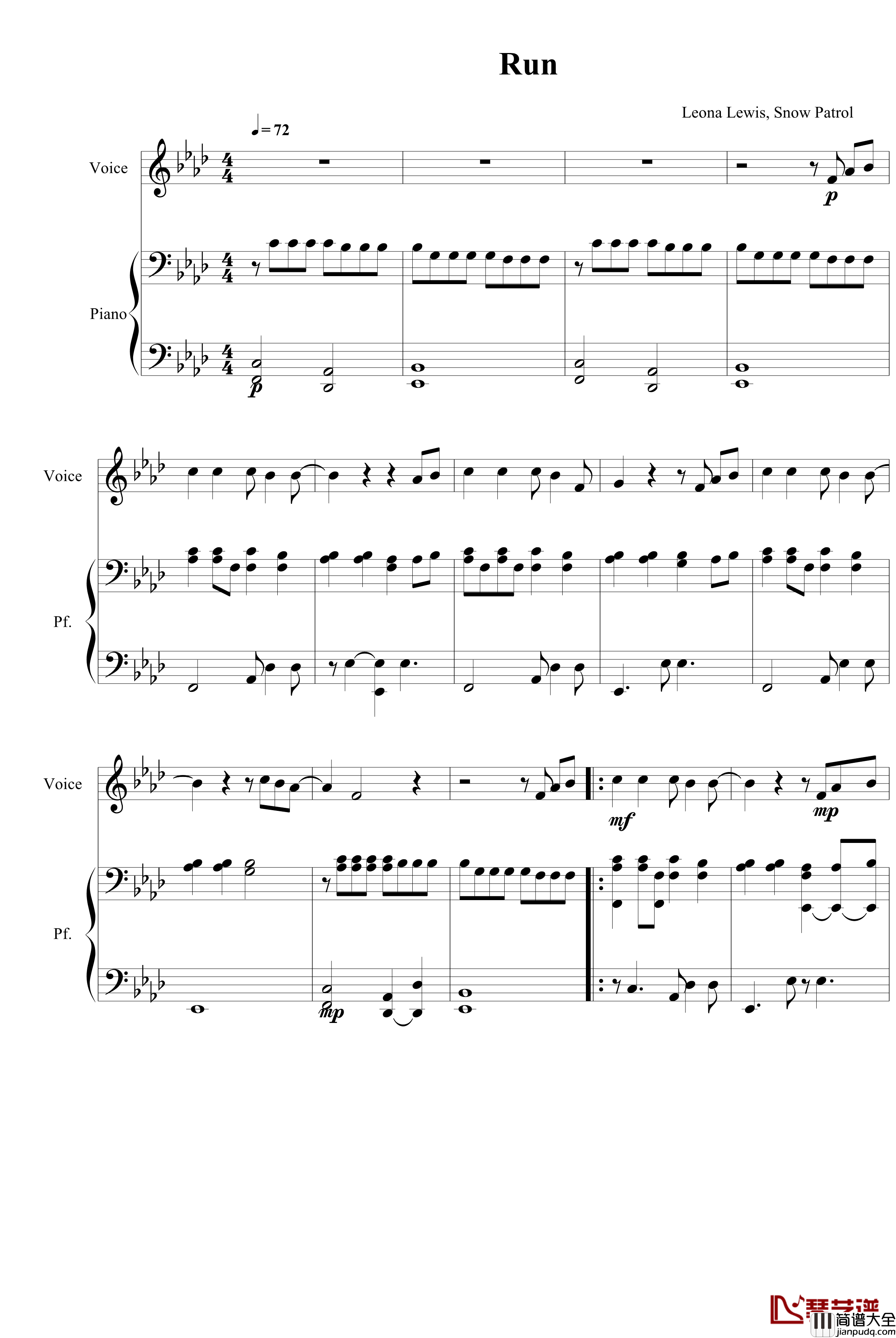 Run钢琴谱_Leona_Lewis_Leona_Lewis