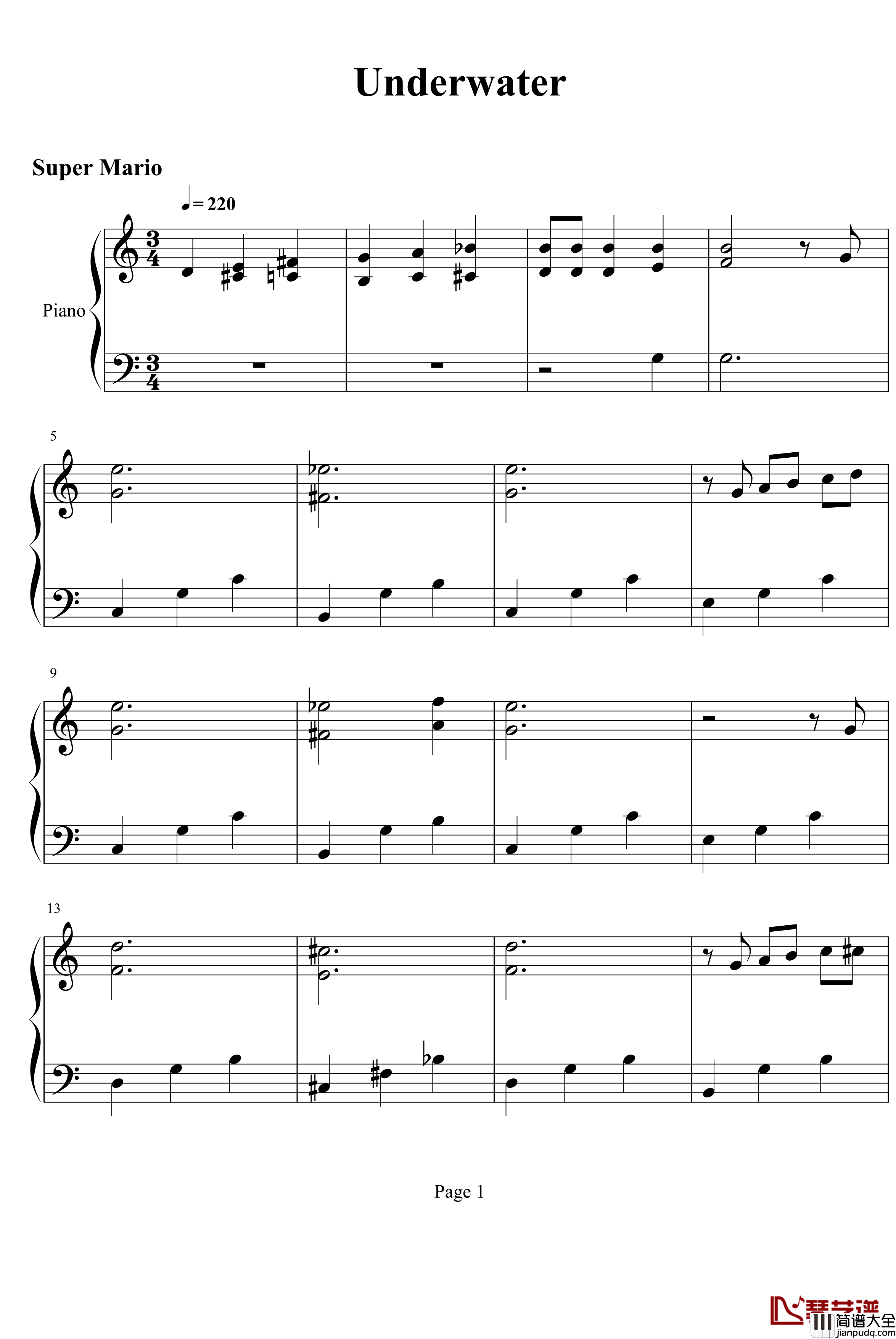 Underwater钢琴谱_超级玛莉