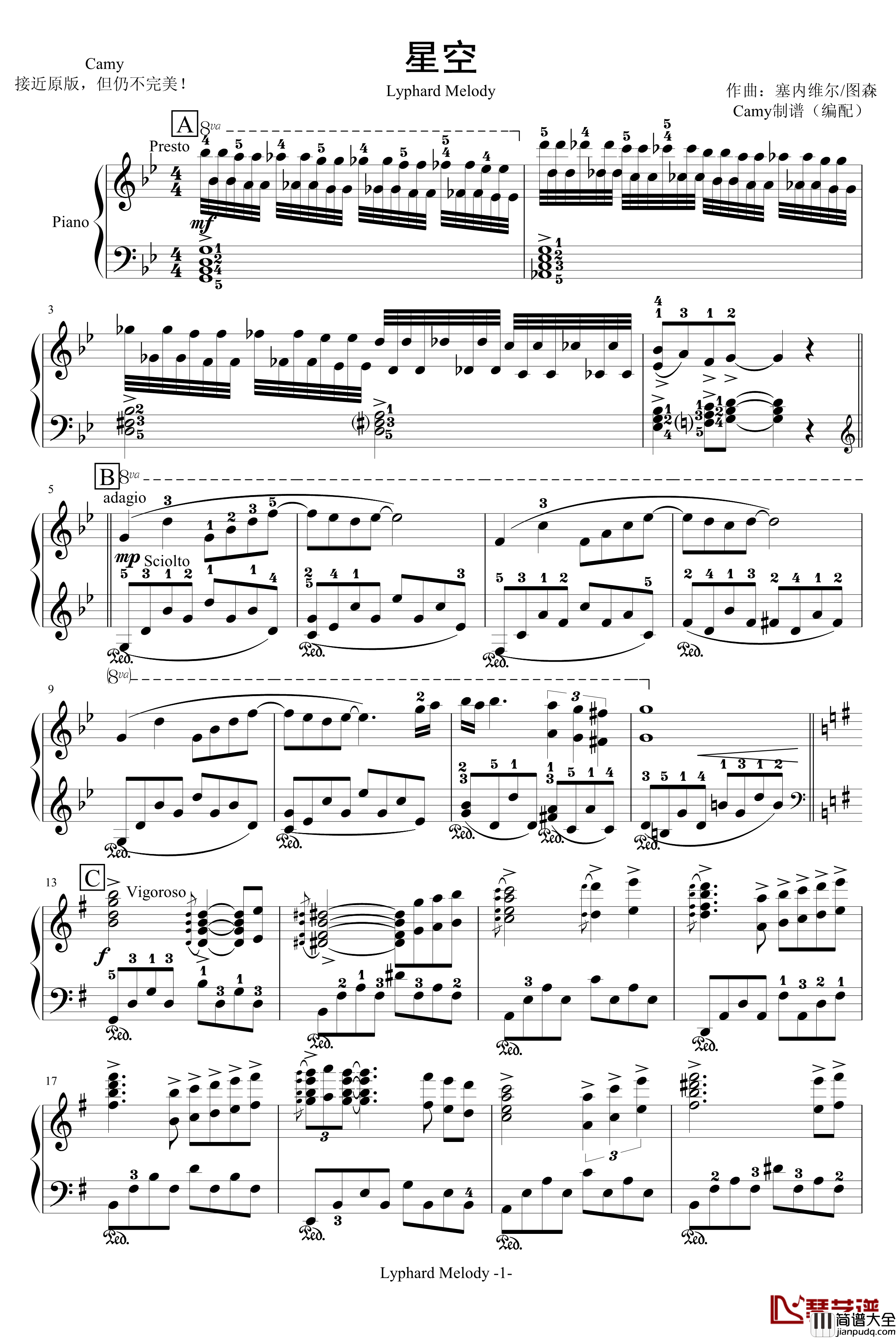 星空钢琴谱_带指法_塞内维尔