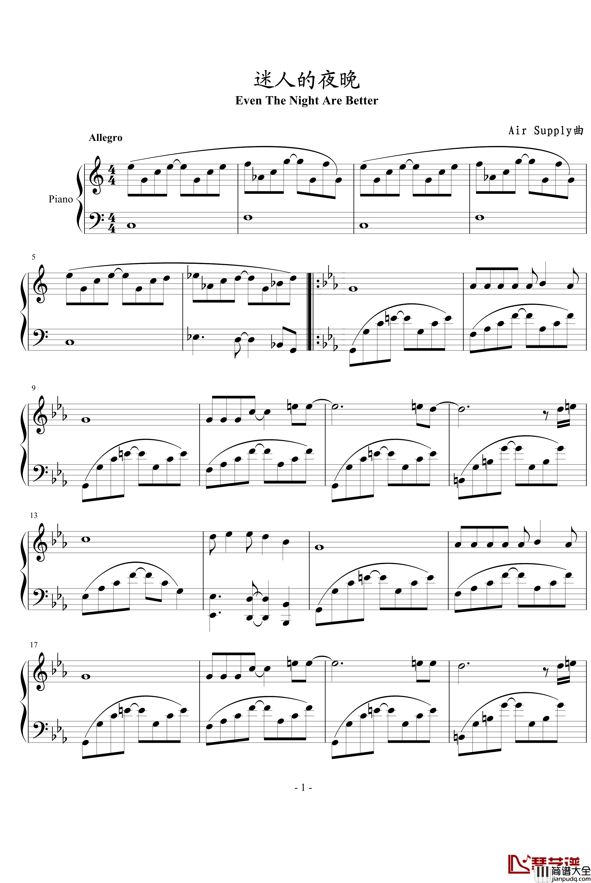 迷人的夜晚钢琴谱_Air_Supply