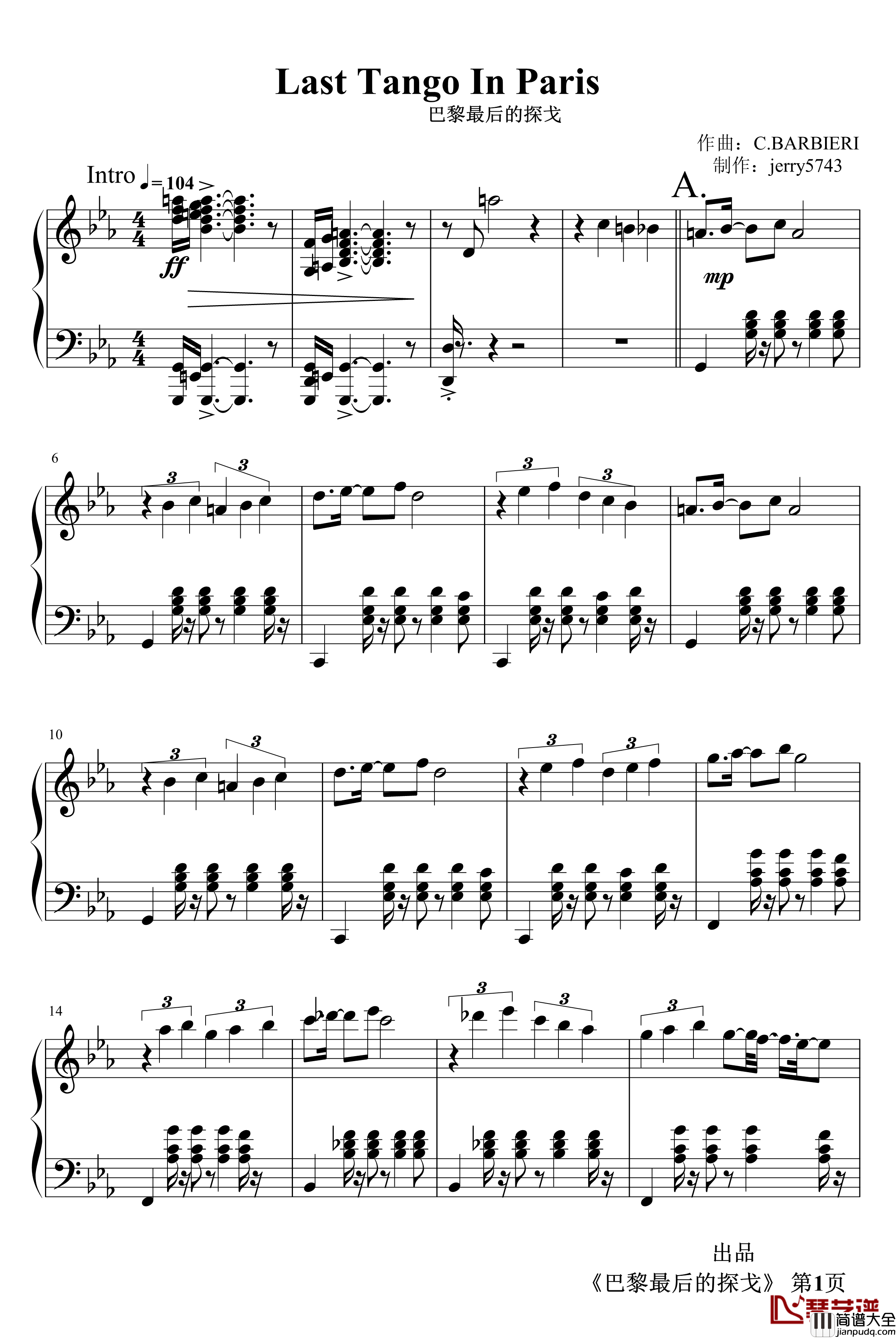 巴黎最后的探戈钢琴谱_埃斯托_·_皮亚左拉_肖邦_chopin