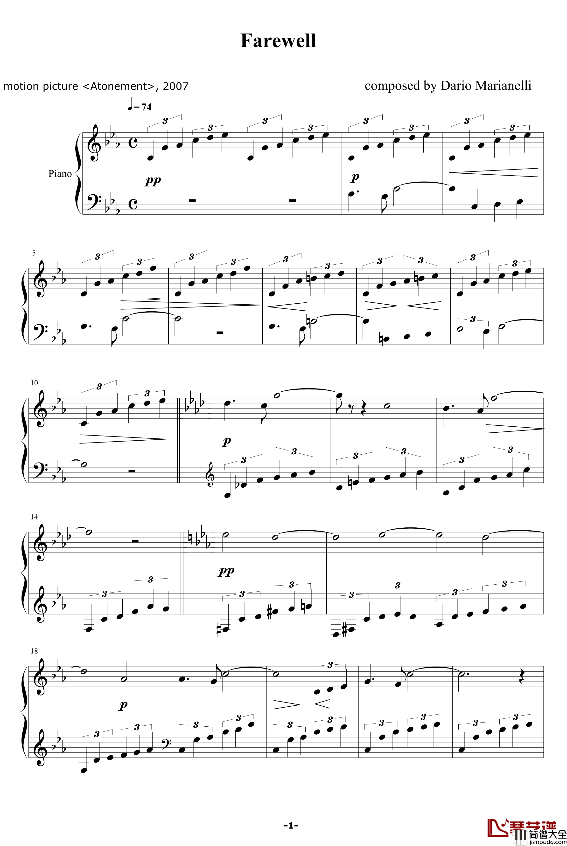 Farewell钢琴谱_Dario_Marianelli