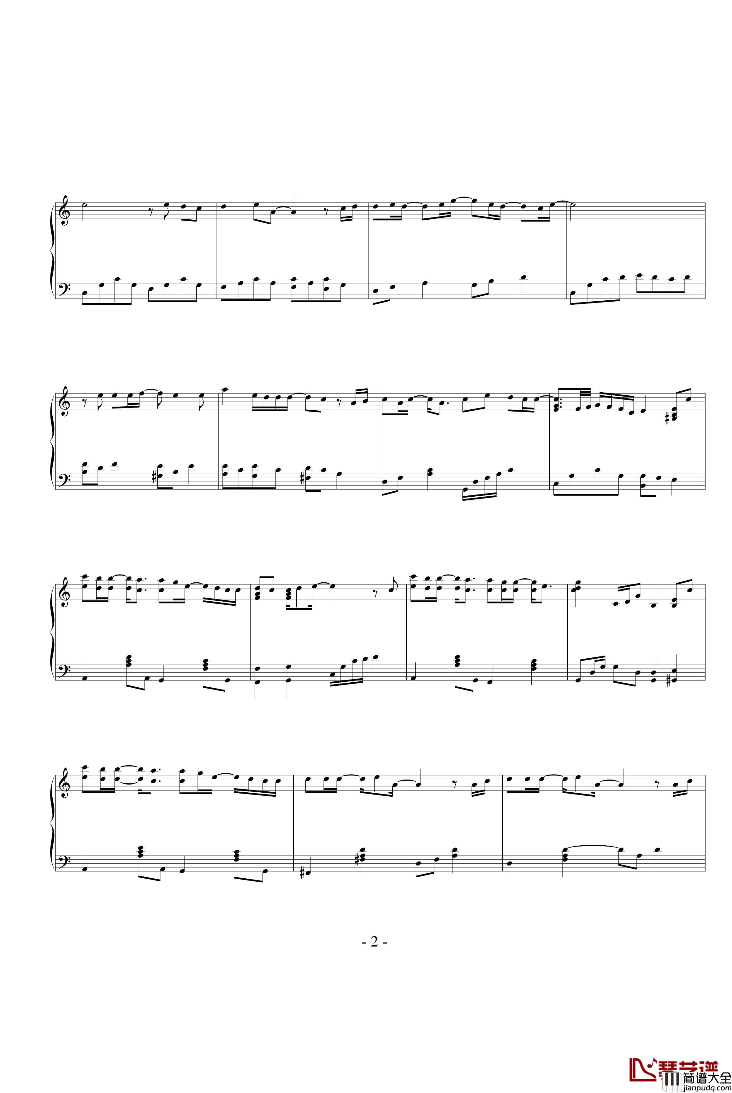 如果没有你钢琴谱_C调简易版_莫文蔚