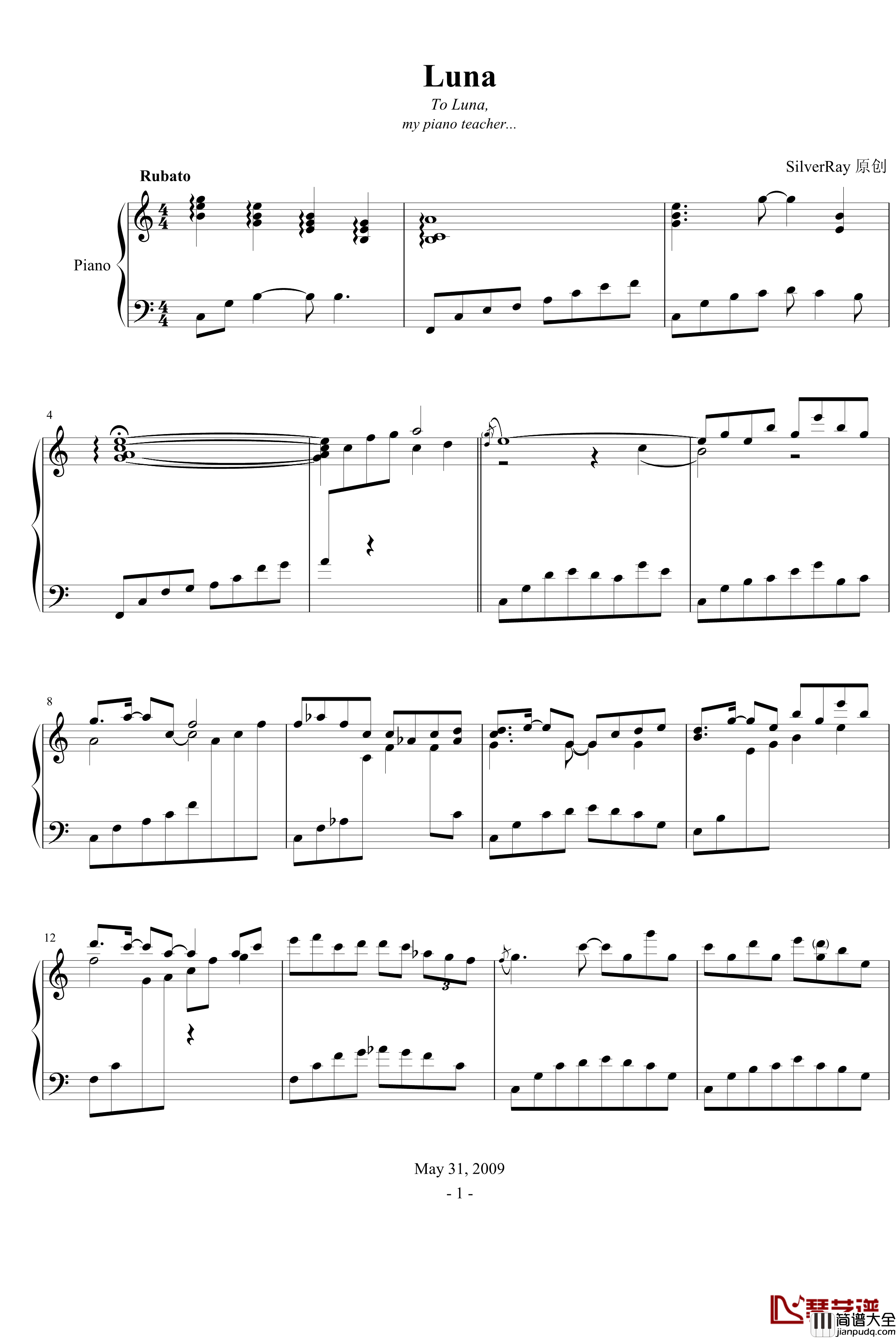 Luna钢琴谱_SilverRay