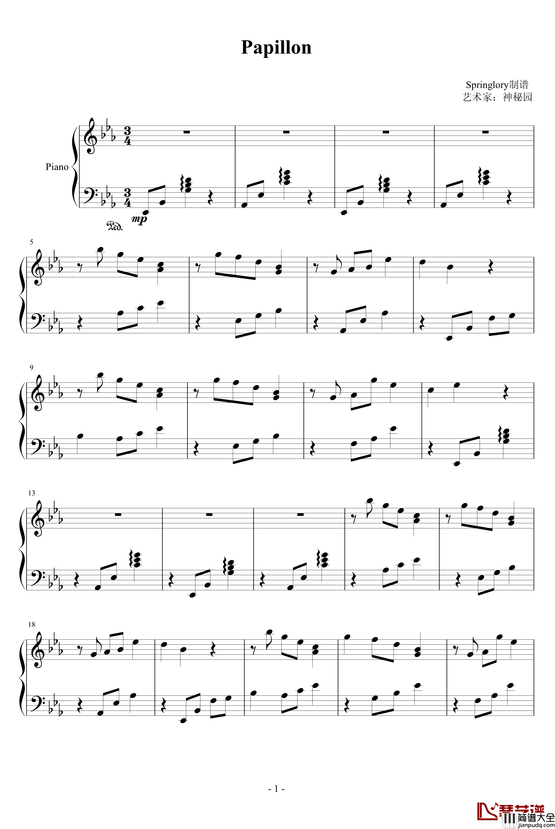 Papillon钢琴谱_欧美经典