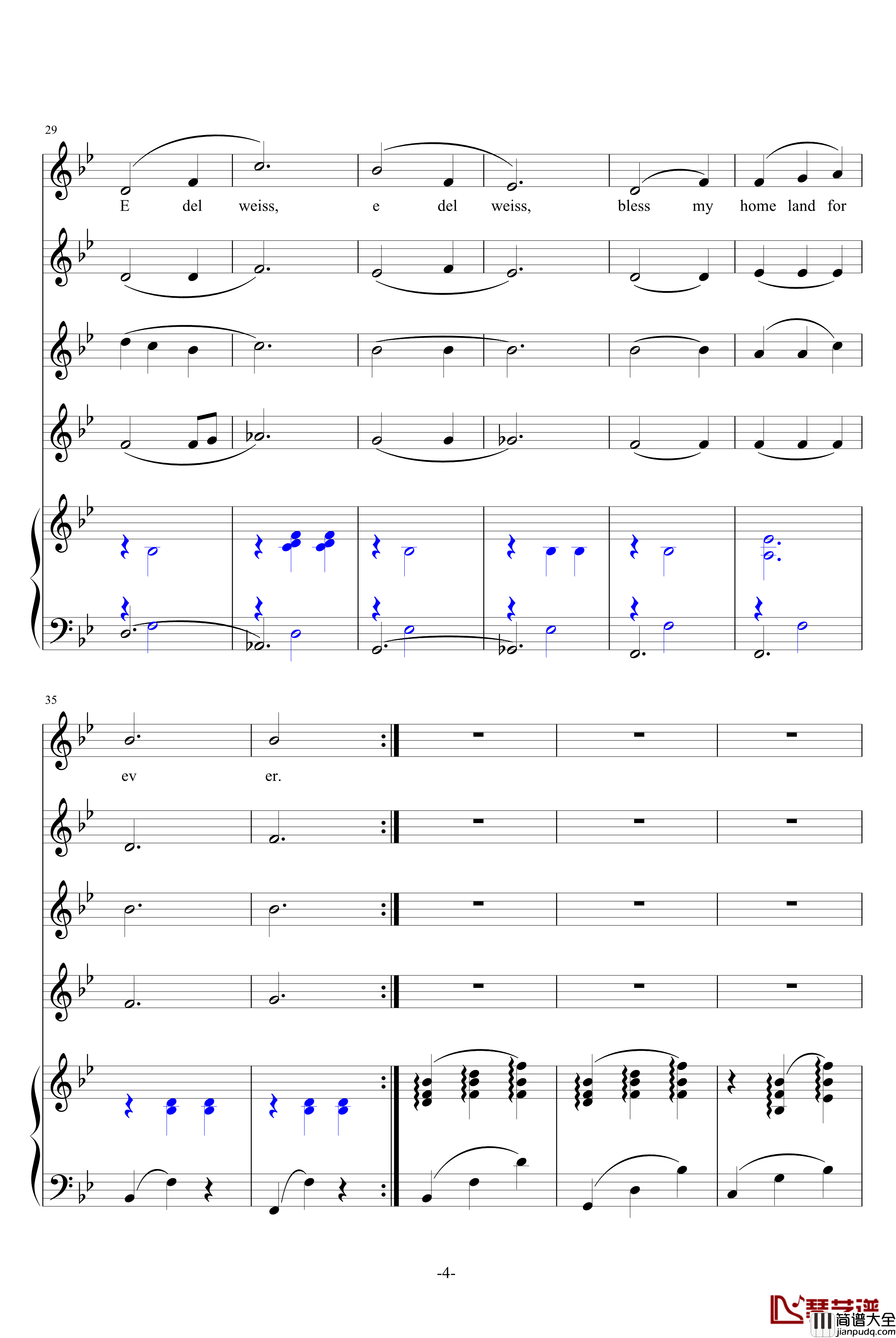 雪绒花钢琴谱_尤风宁号四声部版_理查德·罗杰斯