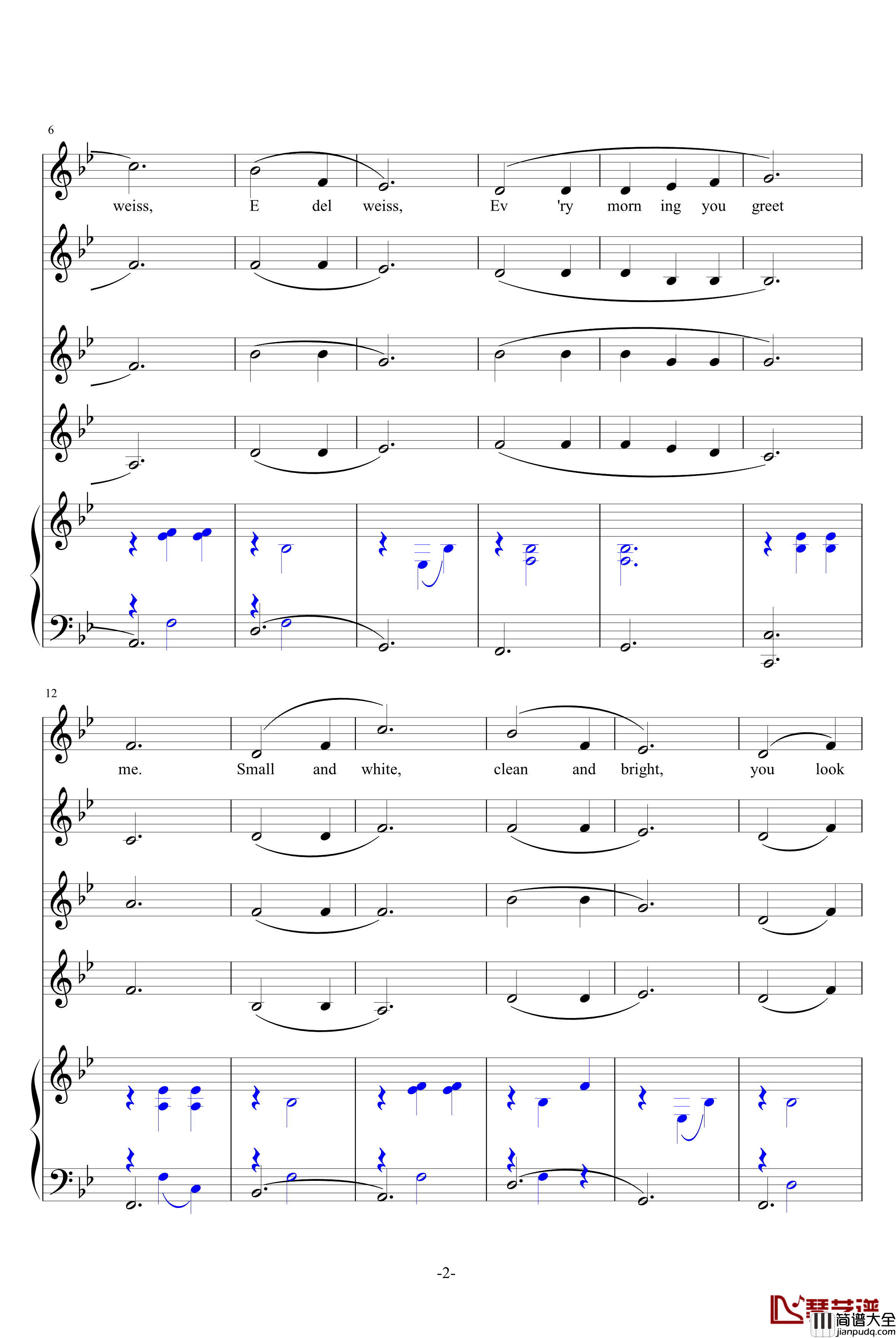 雪绒花钢琴谱_尤风宁号四声部版_理查德·罗杰斯