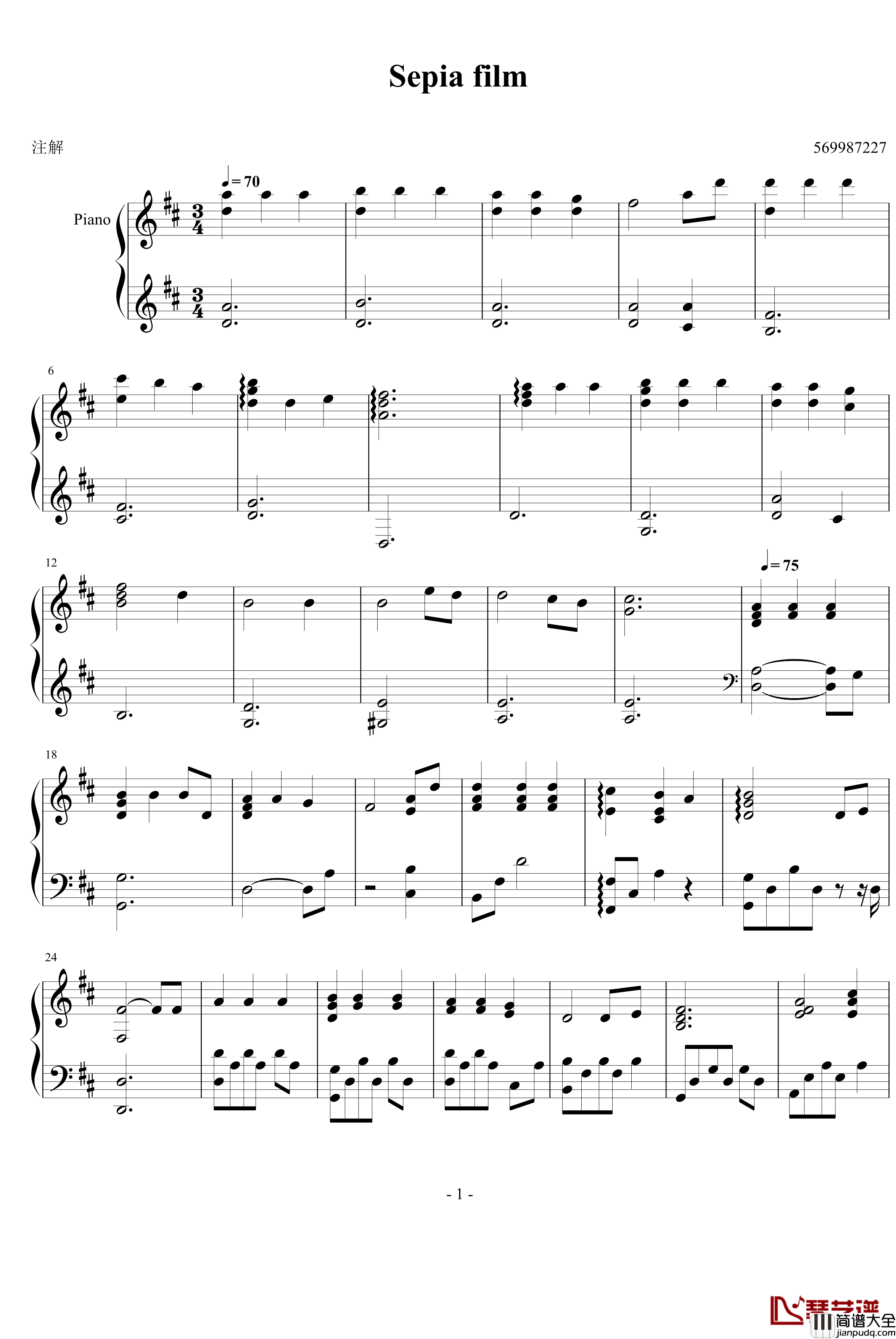 Sepia_film钢琴谱_悠久之翼