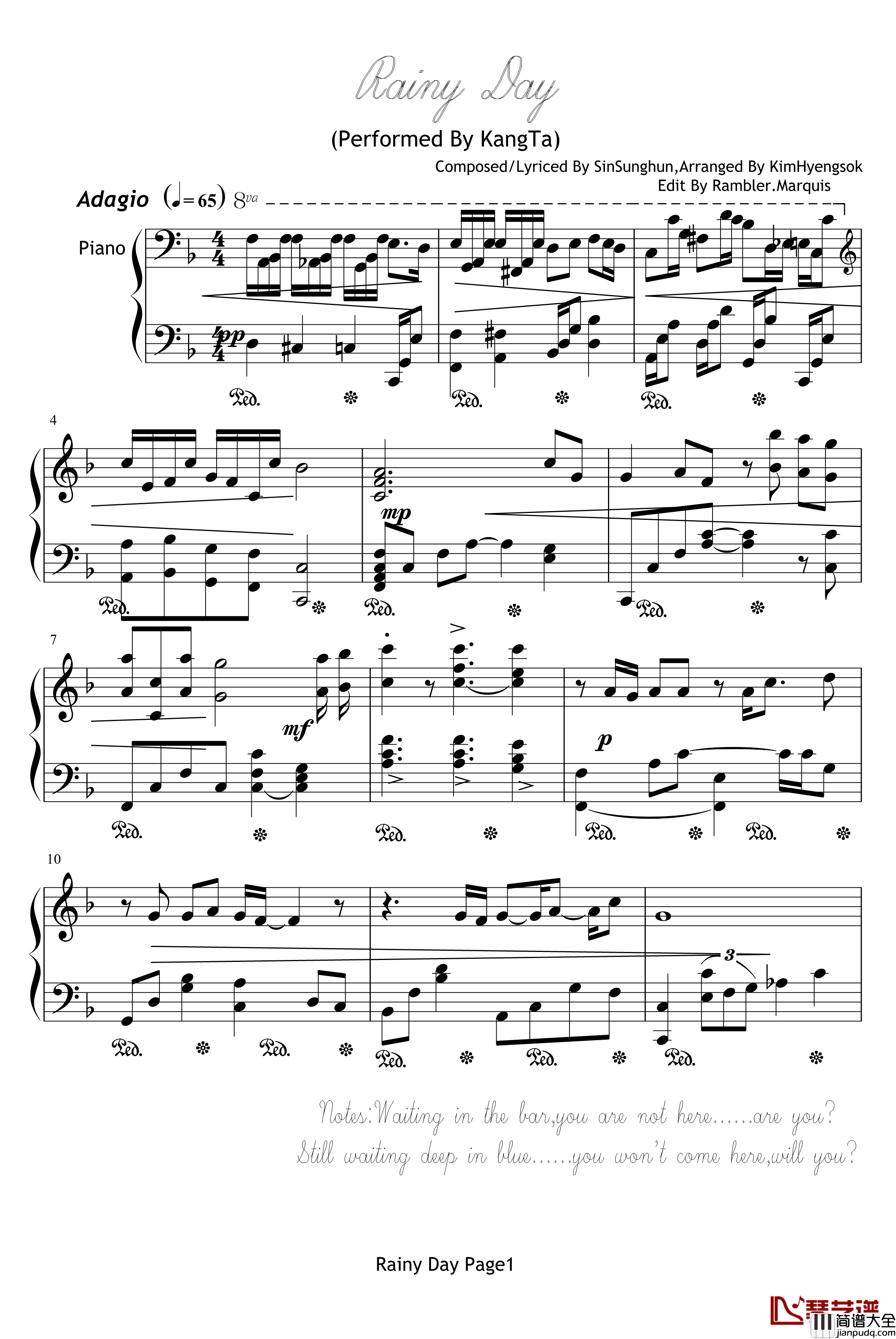 我爱像今天这样的窗外钢琴谱_Rainy_Day_安七炫