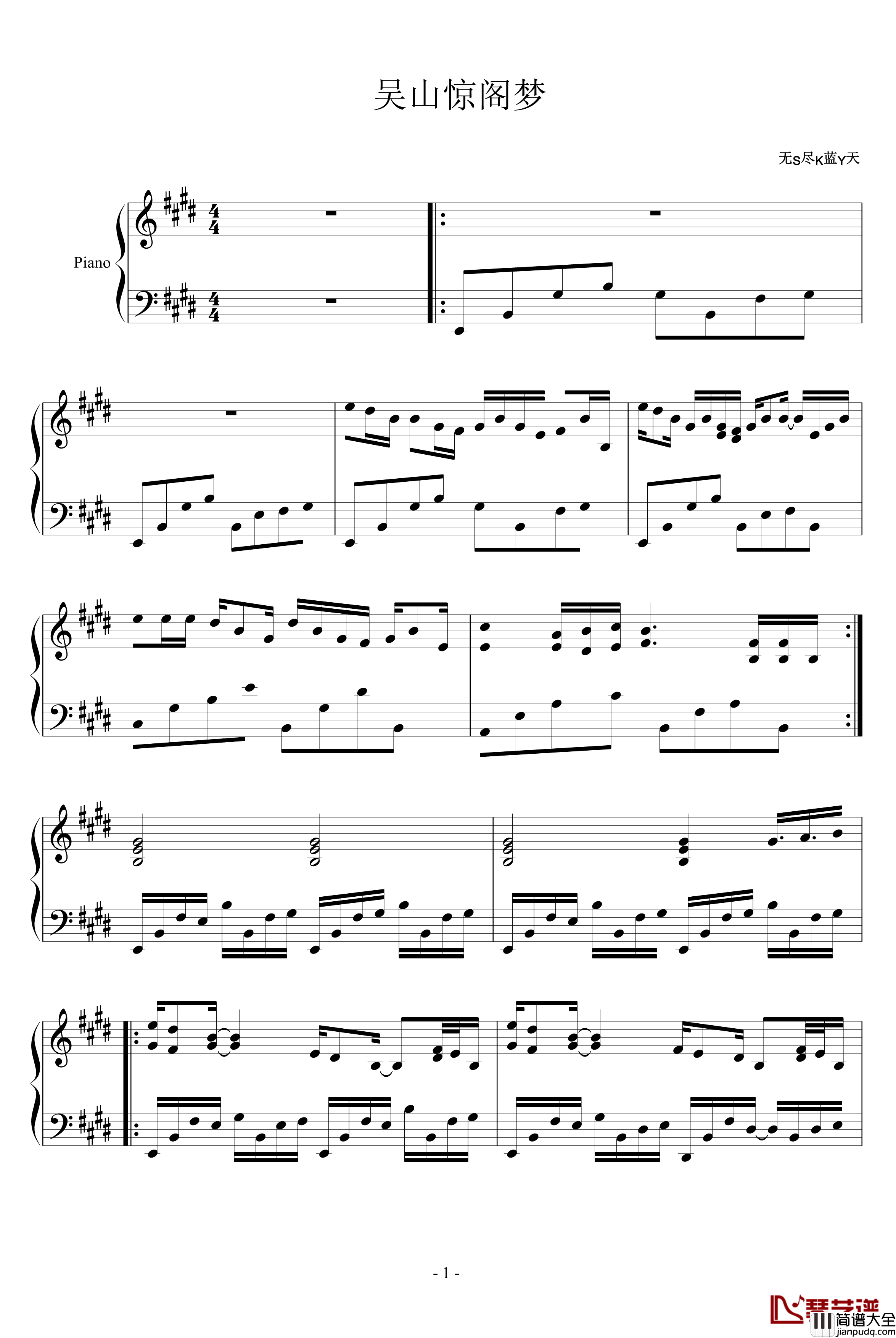 山晚晴空赋钢琴谱_无S尽K蓝Y天