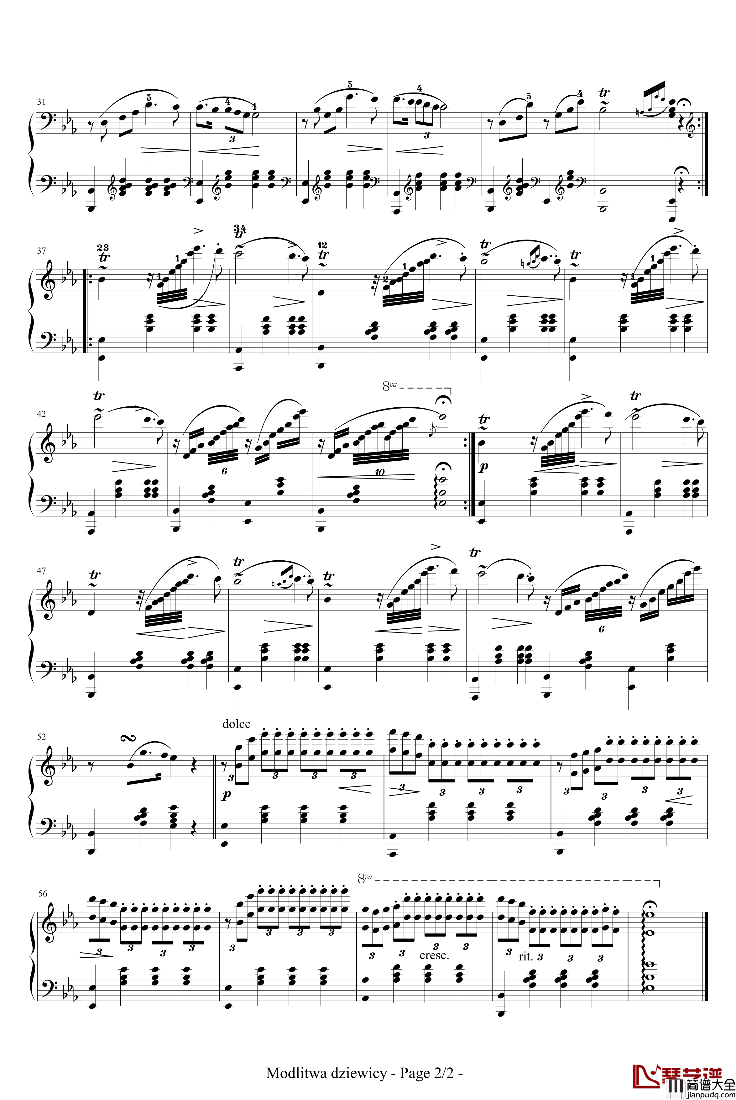 少女的祈祷钢琴谱_带指法_巴达尔切夫斯卡