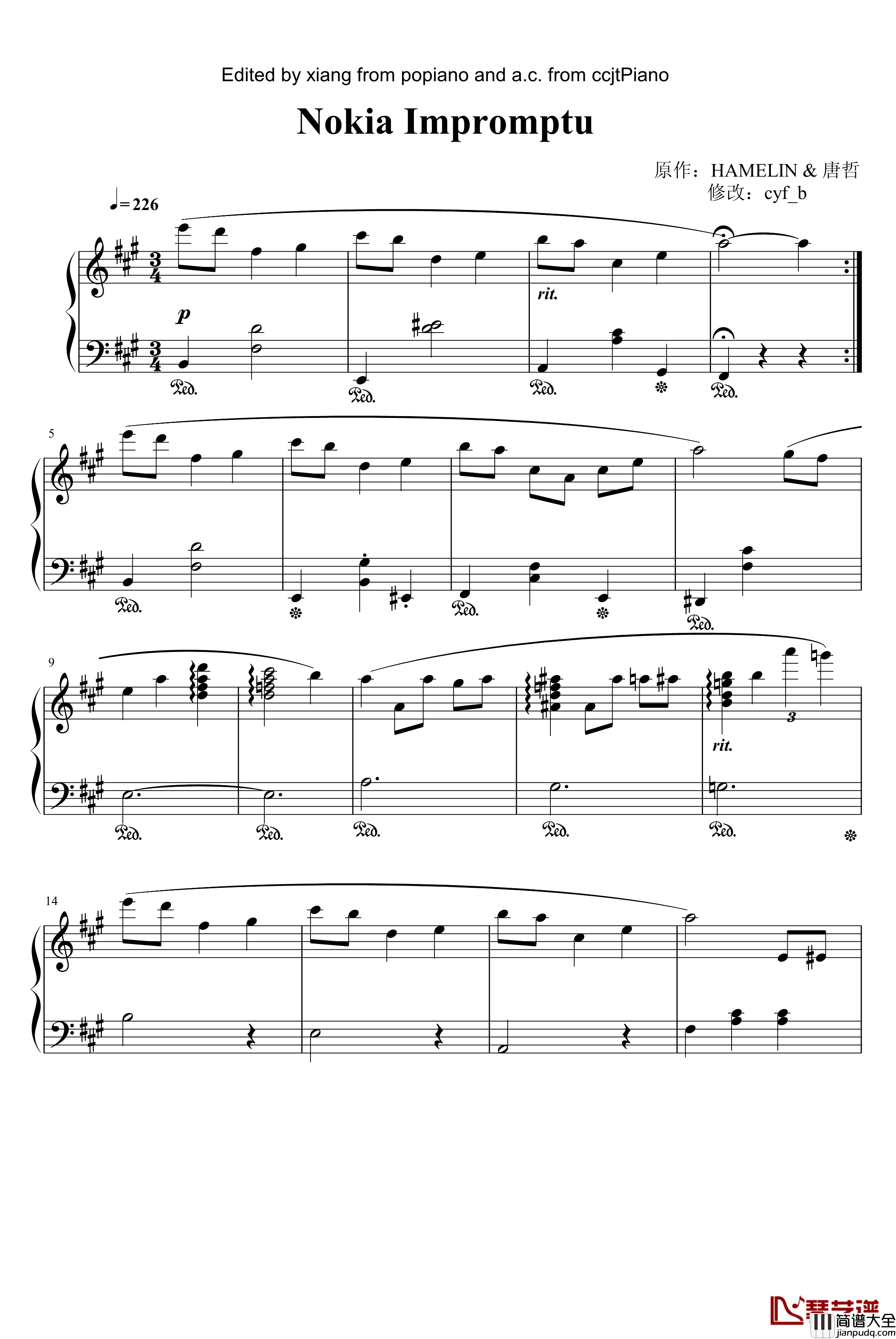 Nokia诺基亚经典铃声即兴曲钢琴谱_另类音乐