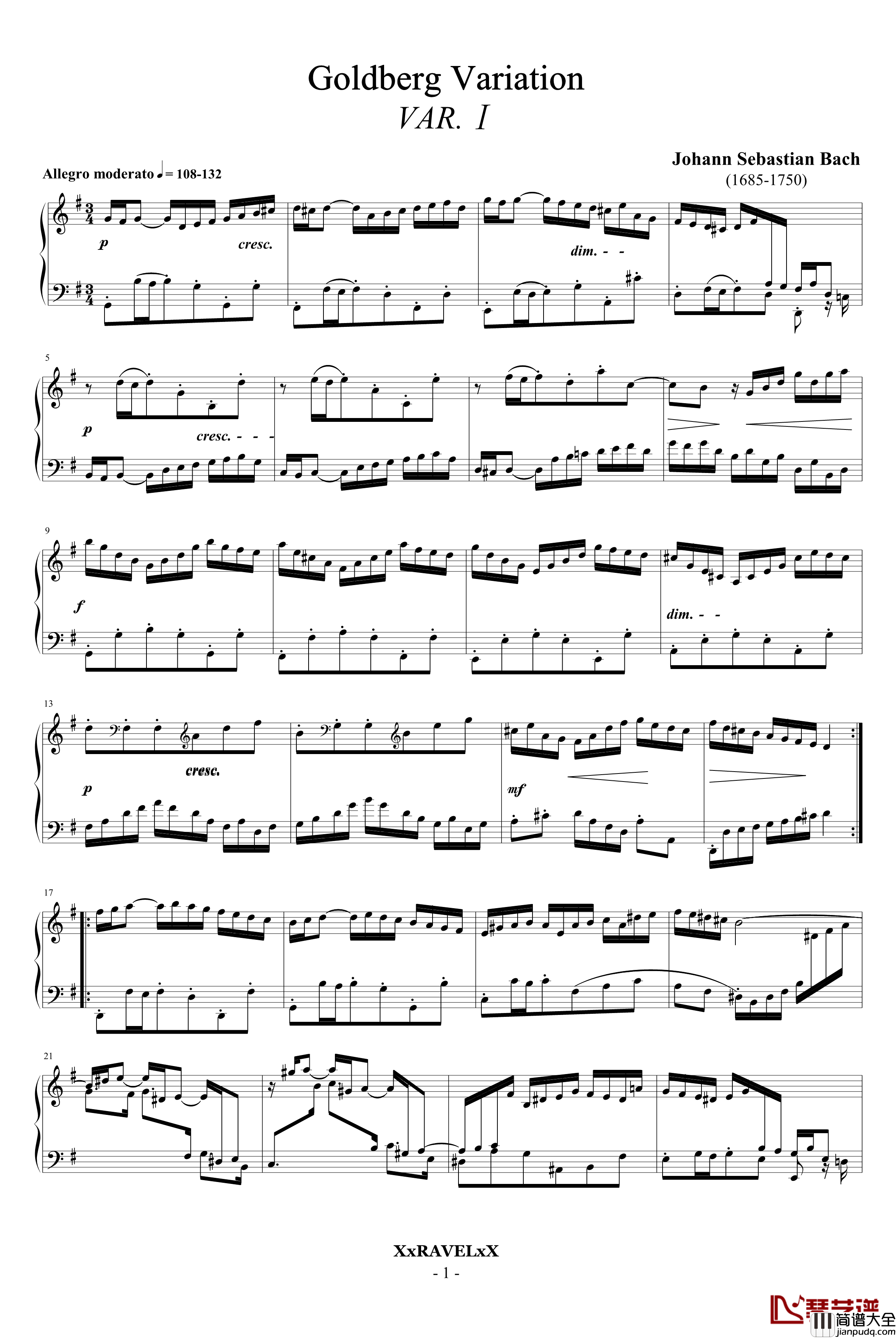 哥德堡变奏曲钢琴谱_Var.1_巴赫