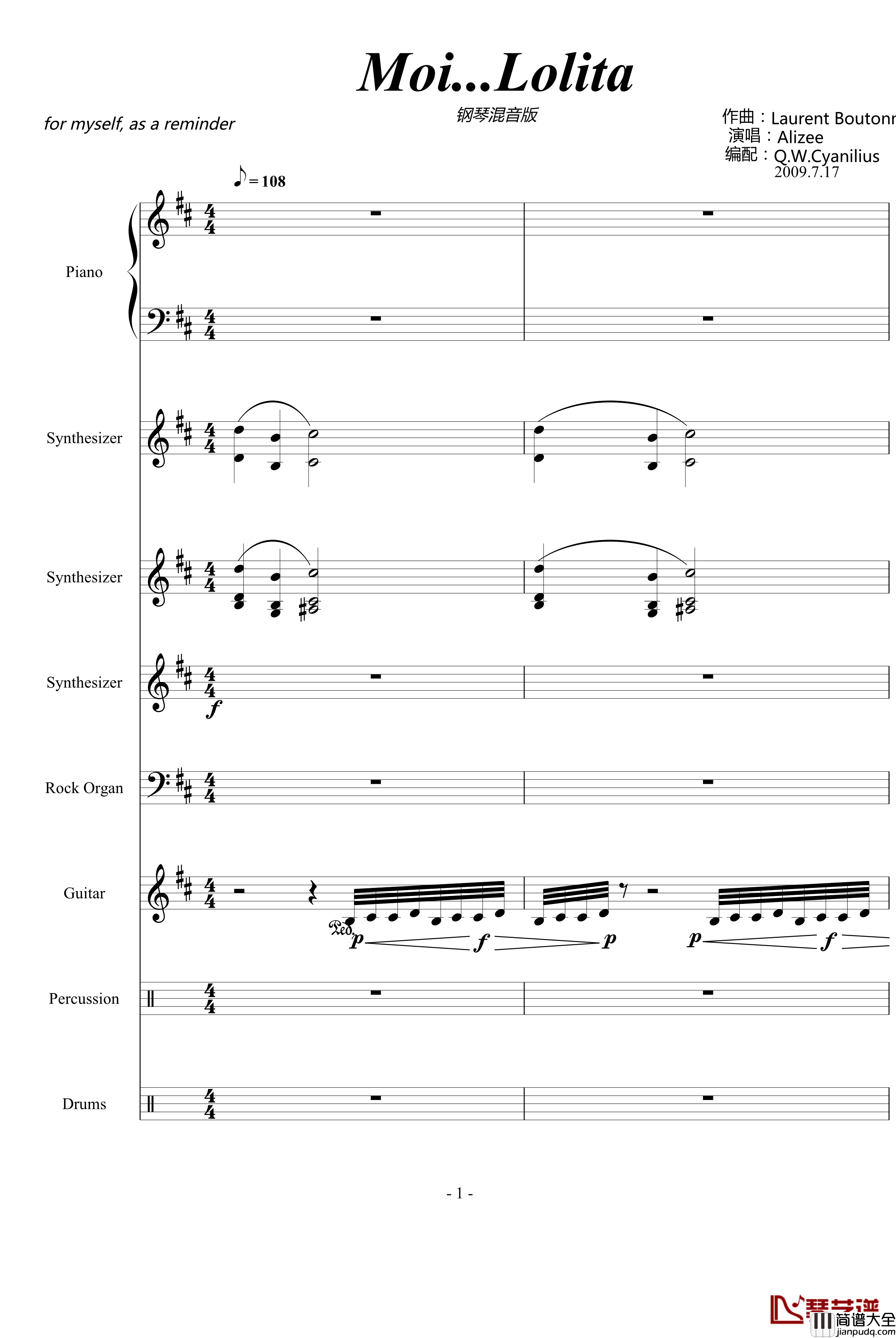 Moi_Lolita钢琴谱_钢琴混音版总谱_Alizee