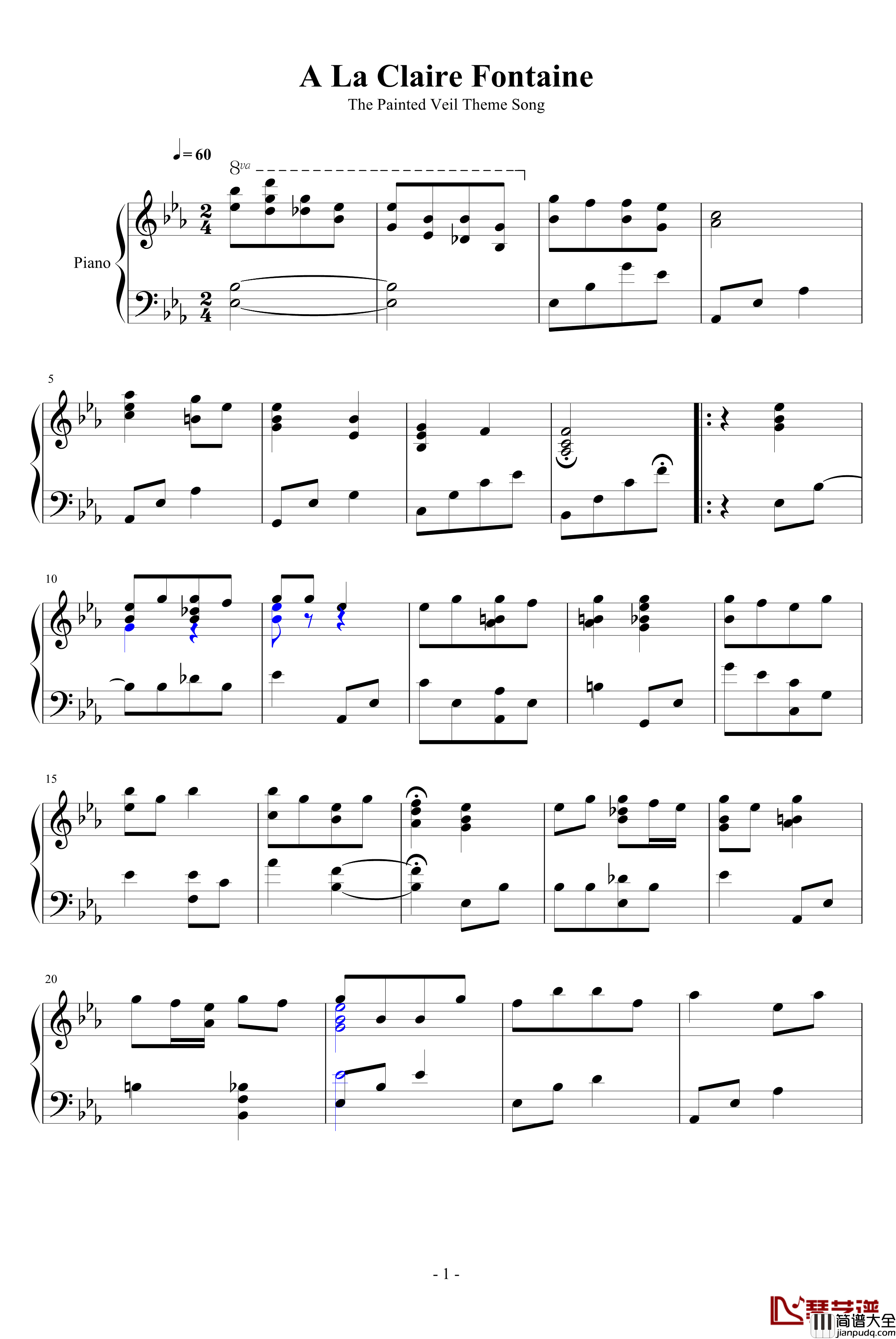 面纱原声钢琴谱_A_La_Claire_Fontaiine_影视
