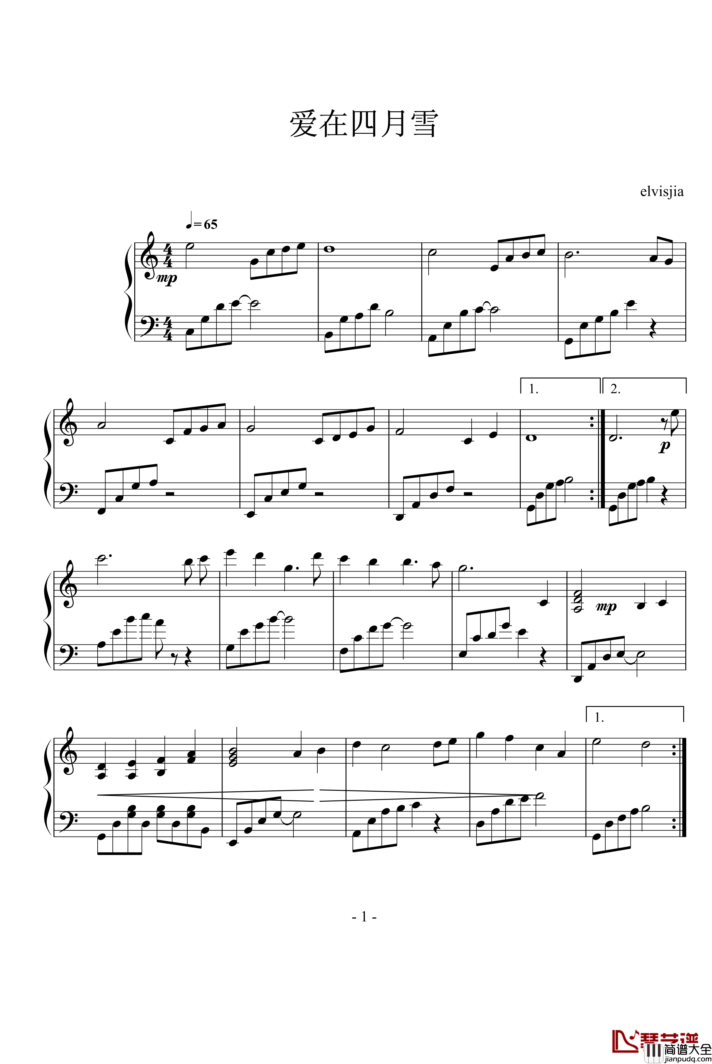爱在四月雪钢琴谱_影视