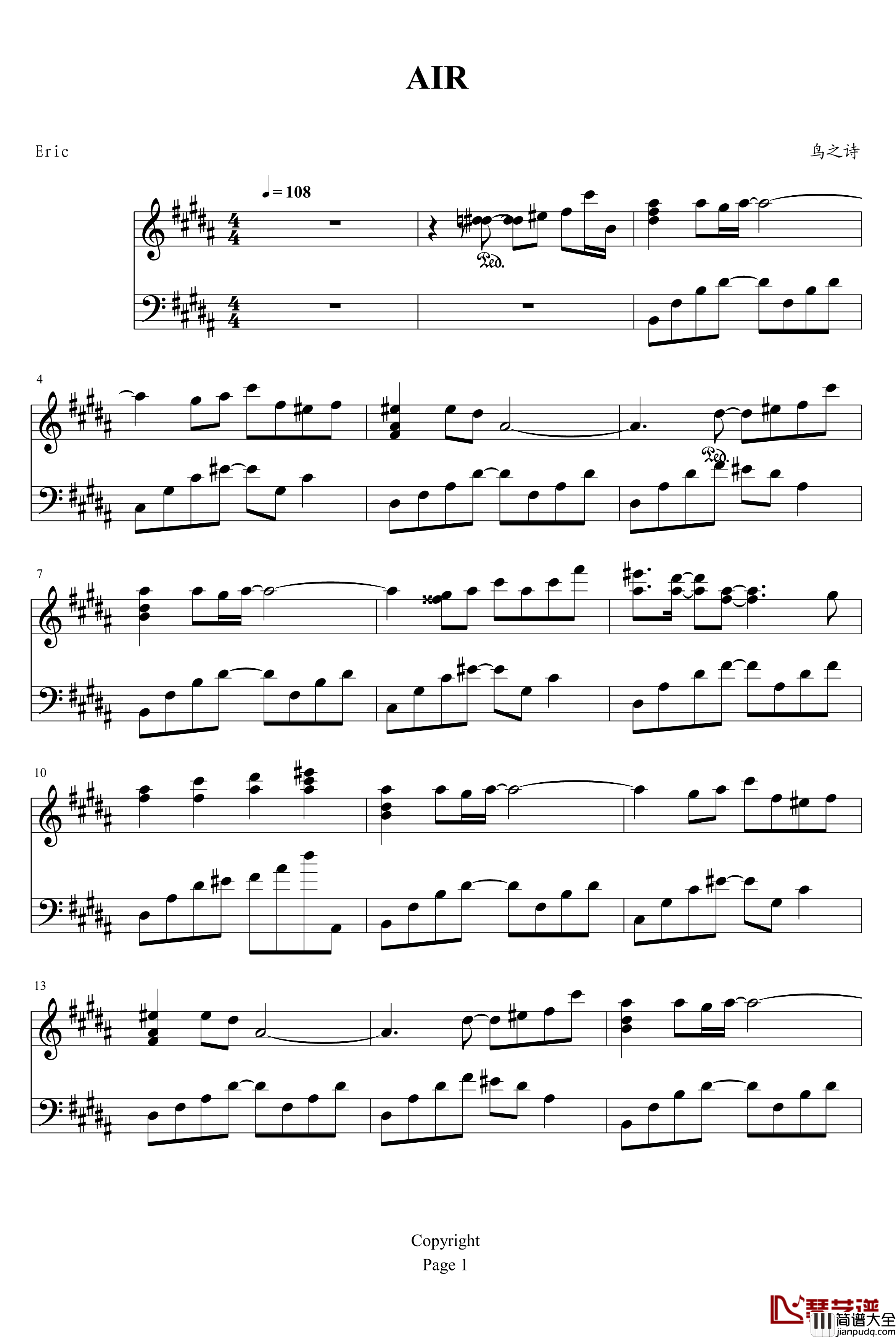 AIR钢琴谱_羽根_动漫影视