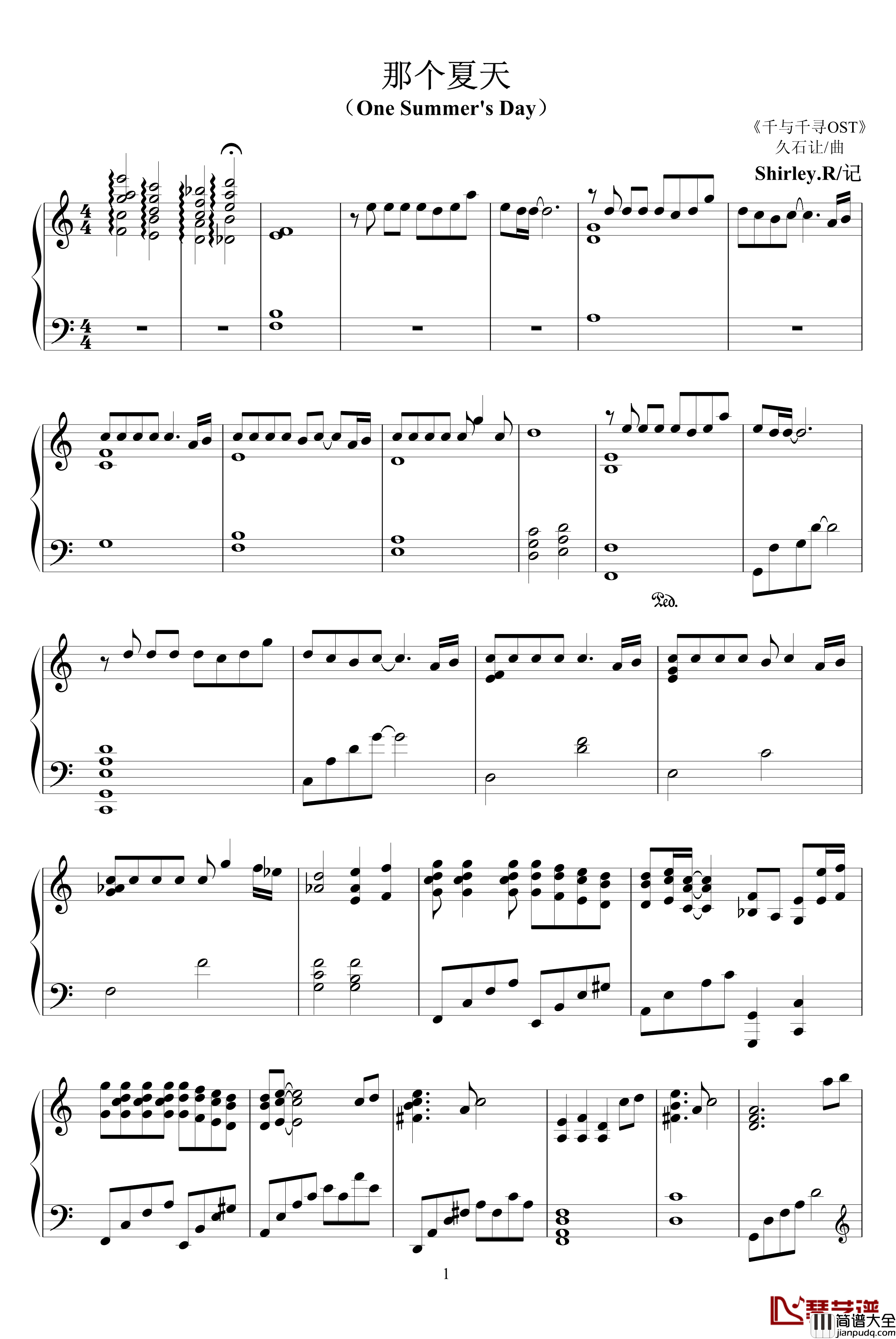 那个夏天钢琴谱_One_Summe's_Day_千与千寻OST_久石让