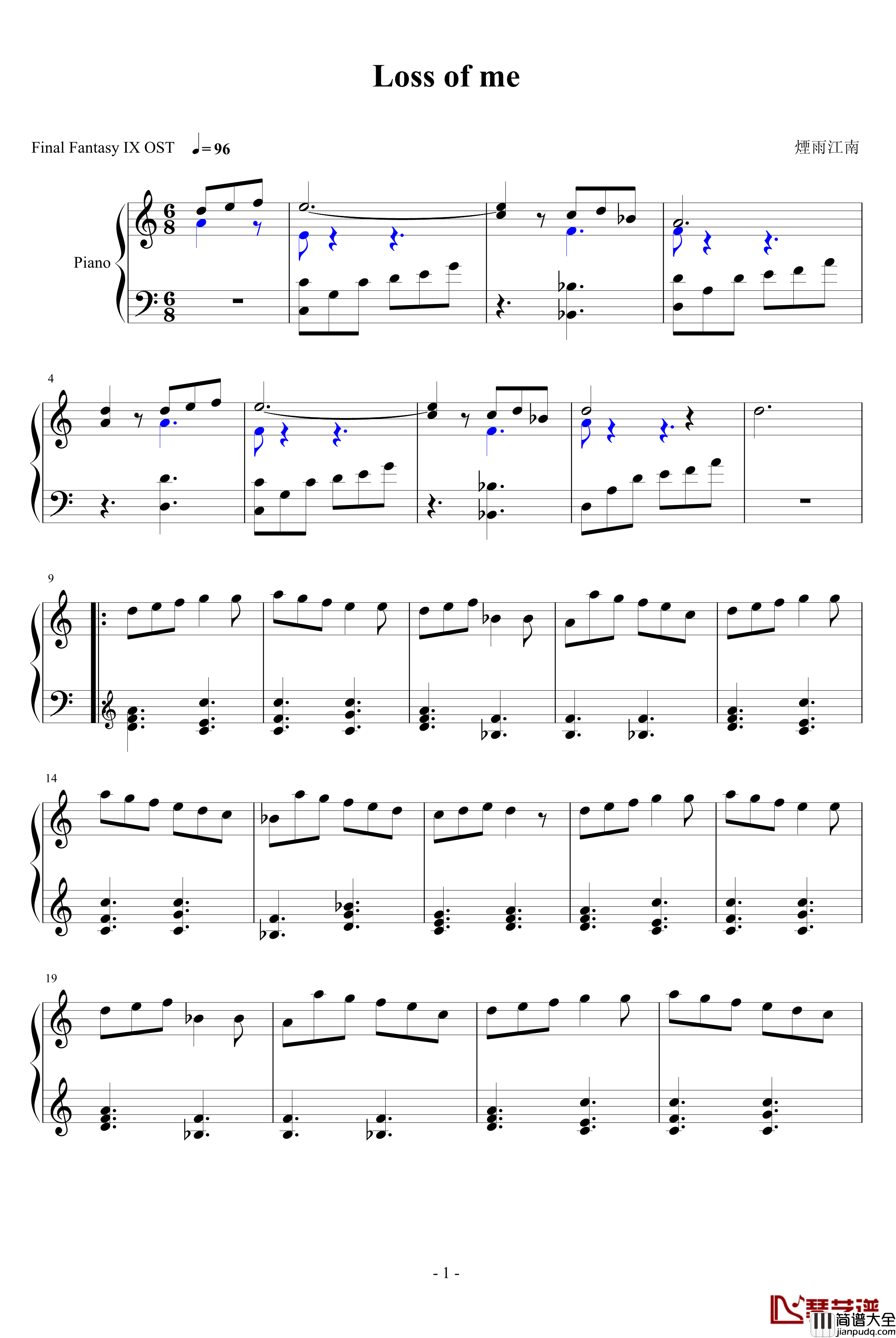 Loss_of_me钢琴谱_最终幻想9OST