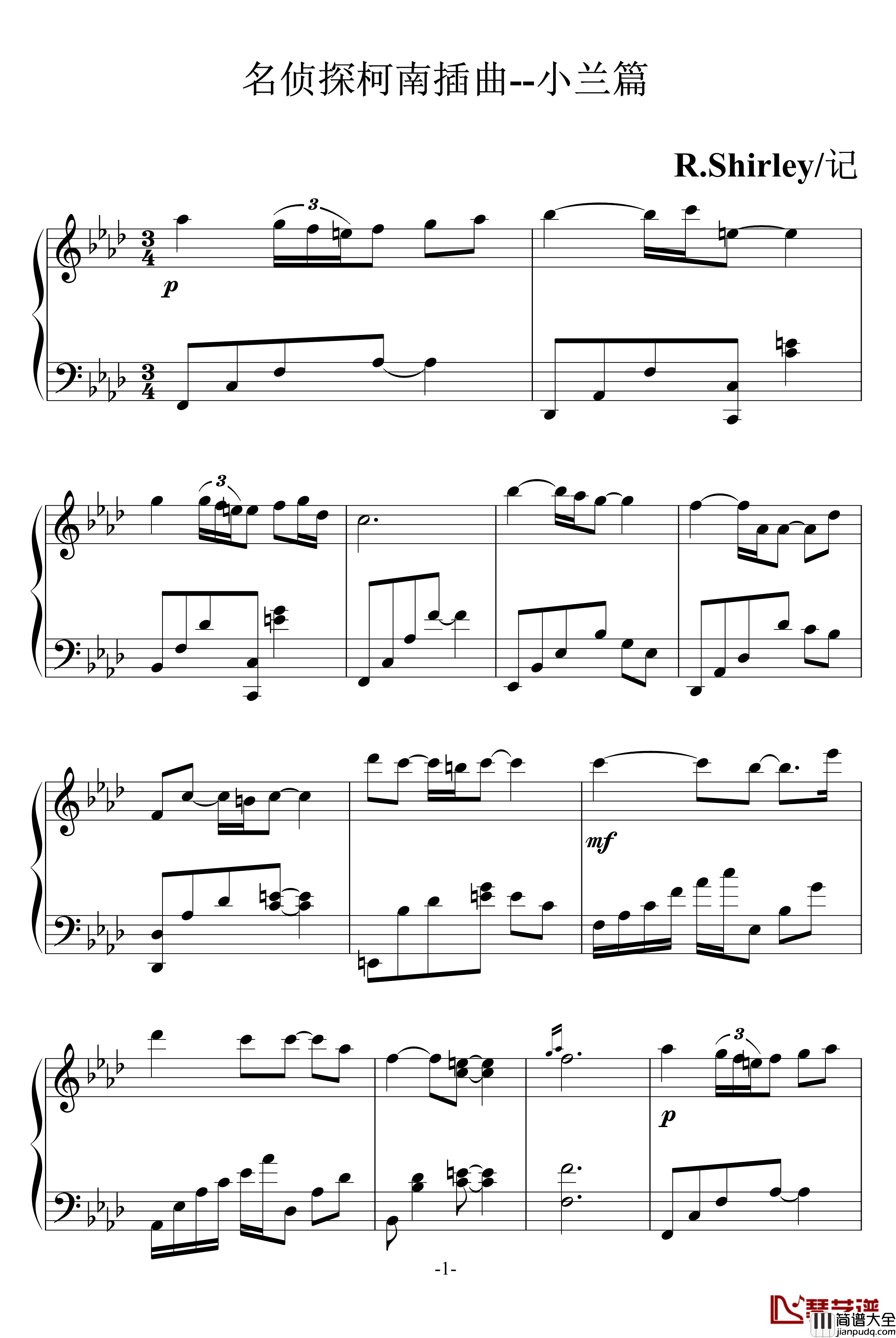 名侦探柯南插曲钢琴谱_哀的OST_名侦探柯南