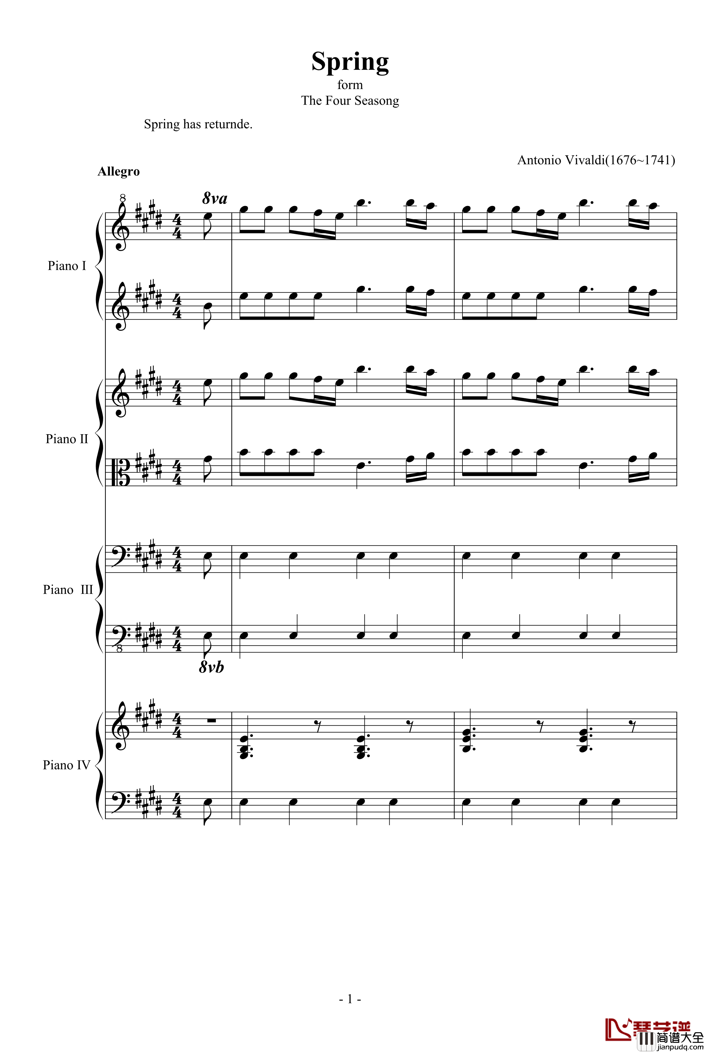 四季·春钢琴谱_钢琴四重奏_维瓦尔第