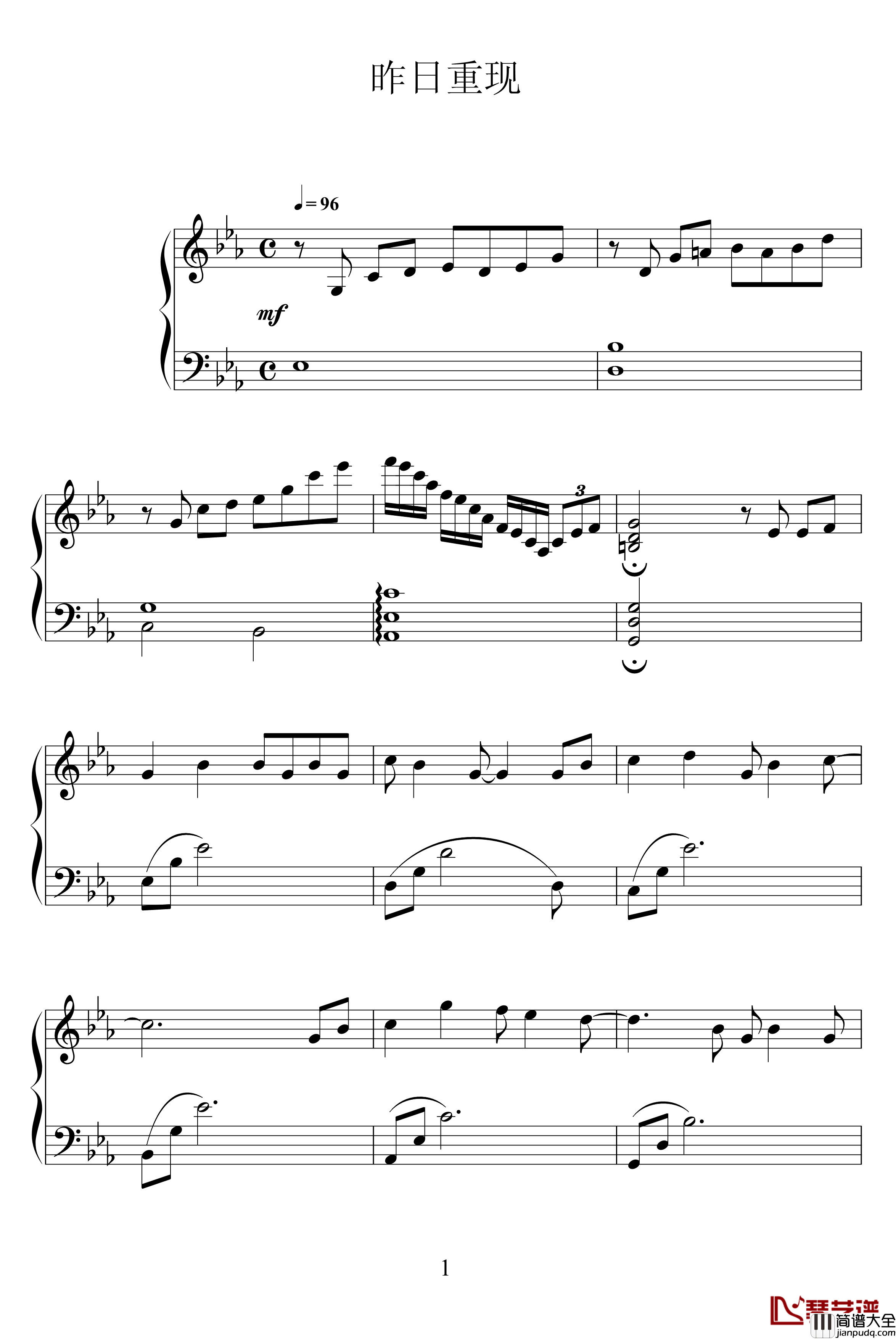 昨日重现钢琴谱_欧美经典