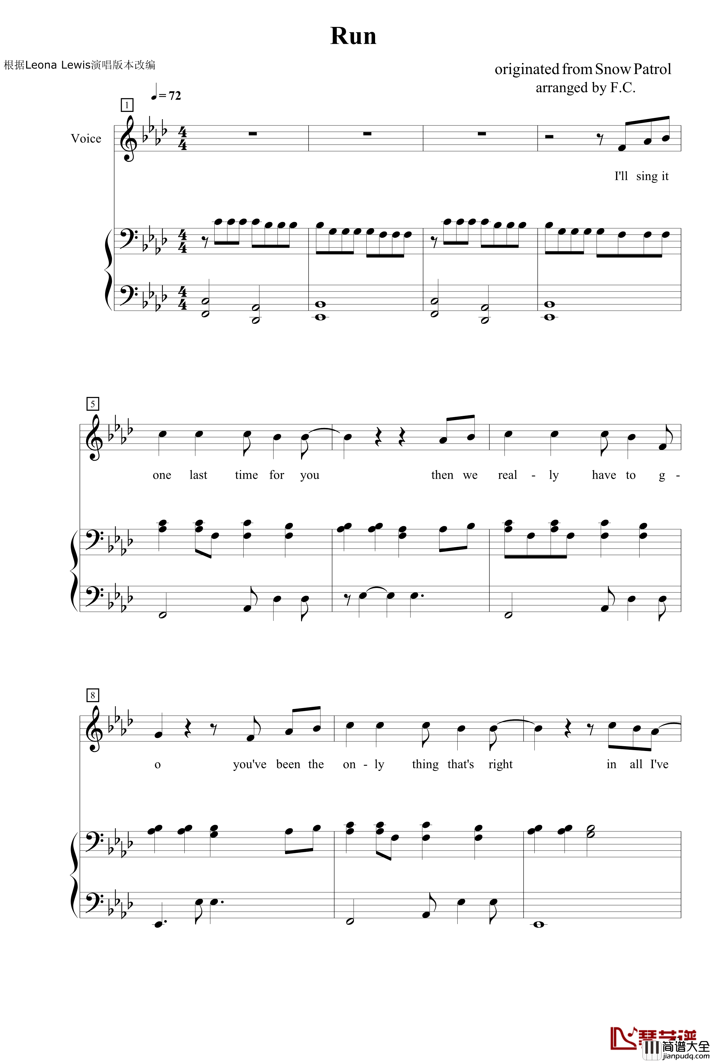 Run钢琴谱_LeonaLewis修正版