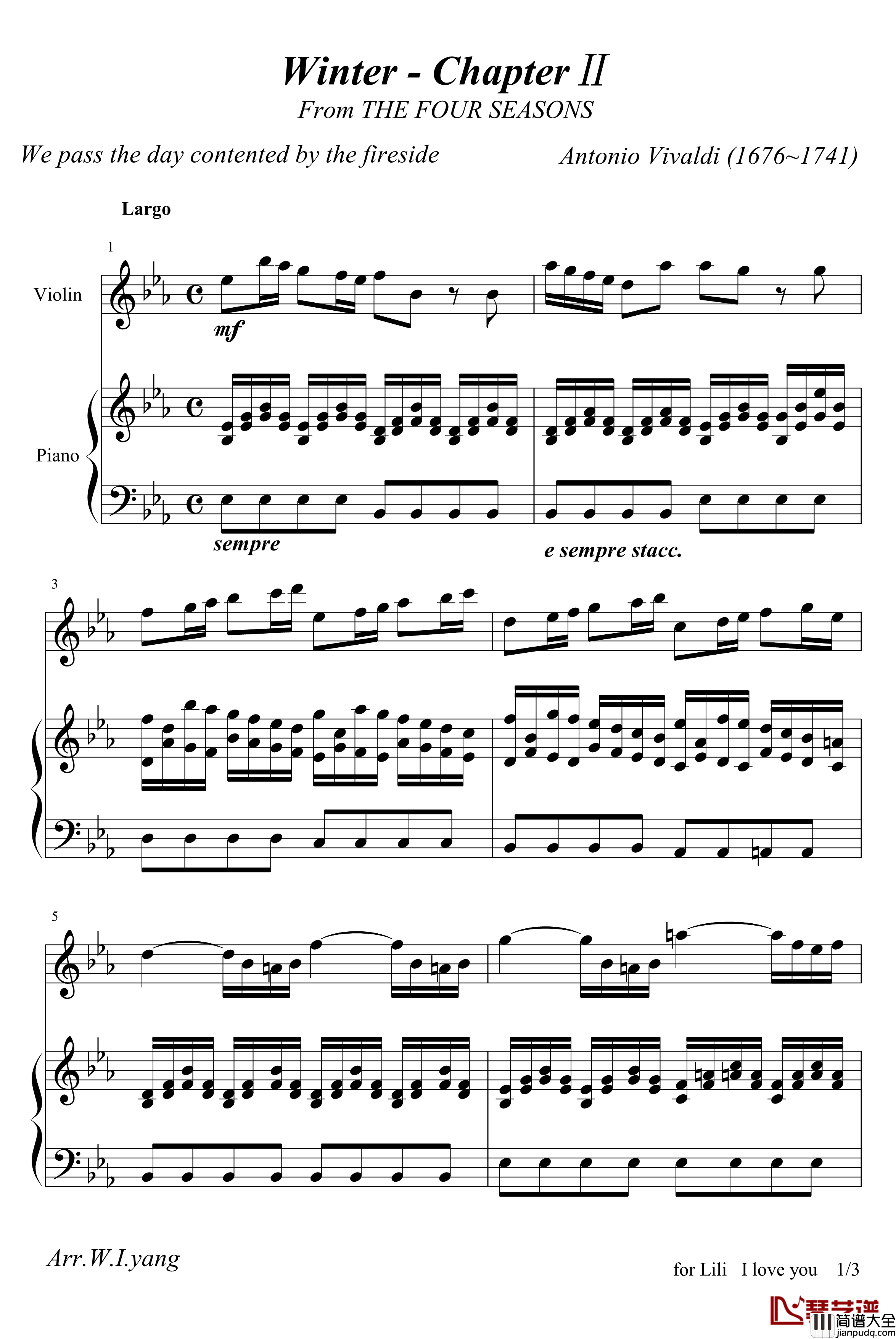 四季·冬之第二乐章钢琴谱_钢琴+小提琴_维瓦尔第