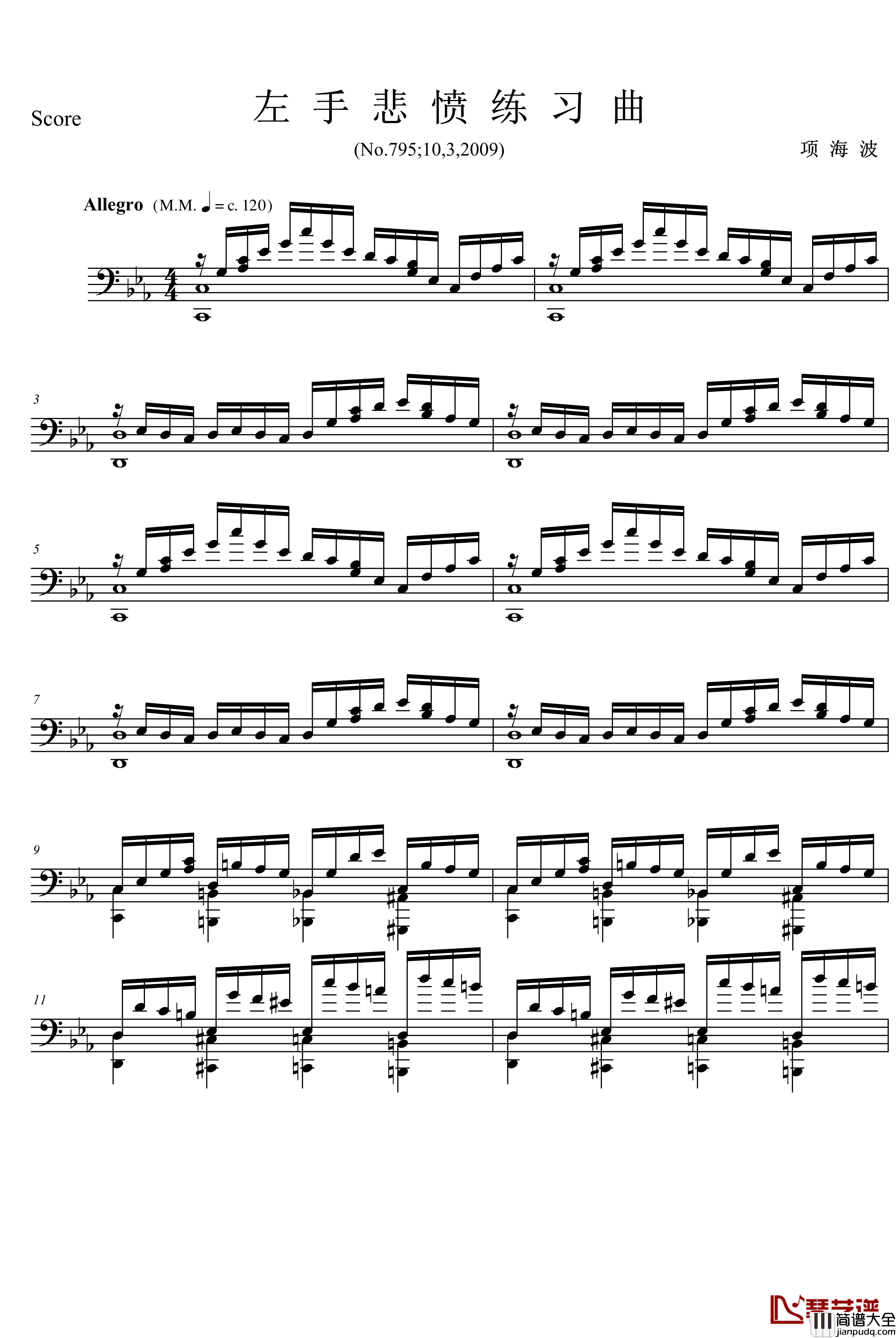 左手钢琴谱_悲愤_项海波