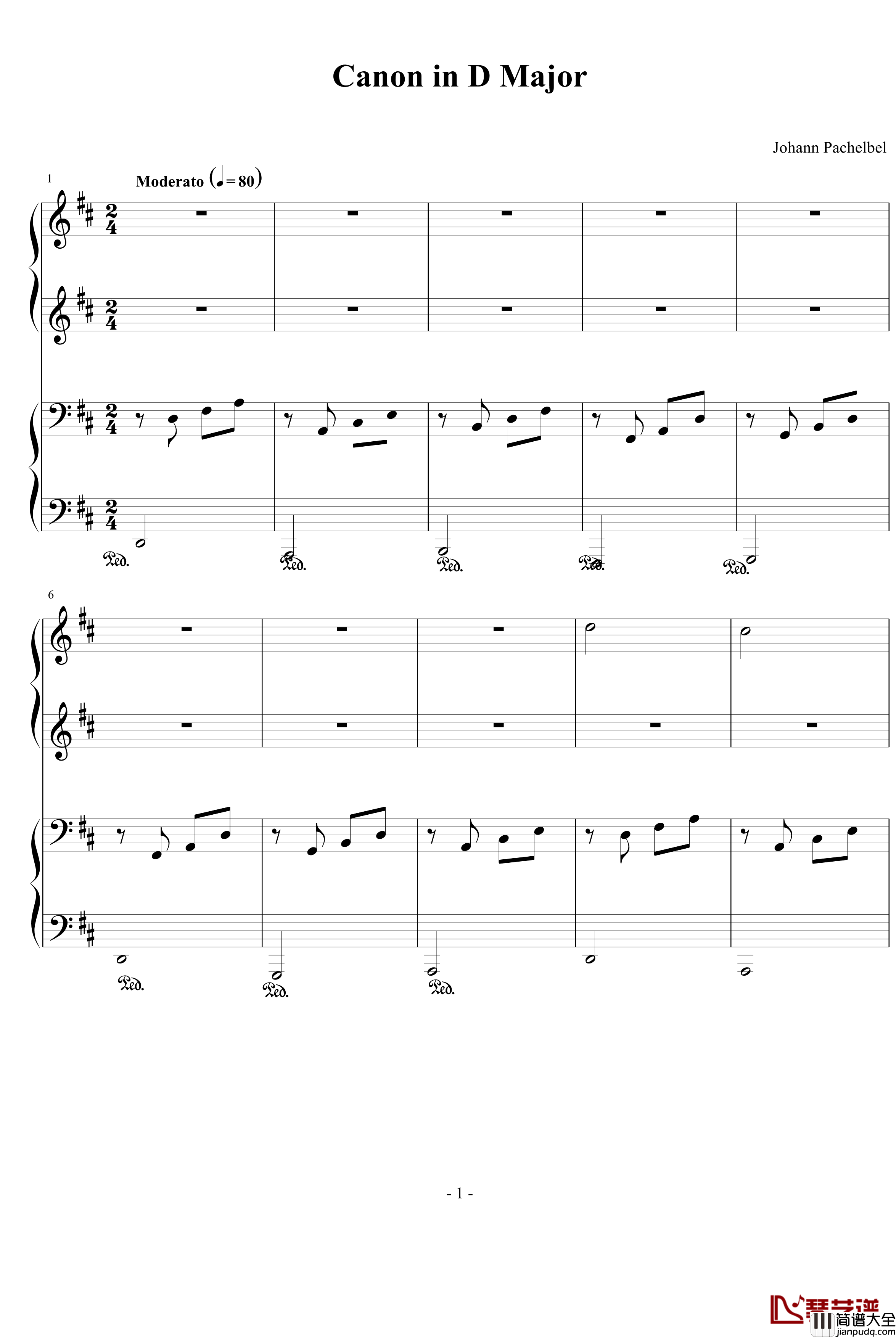 卡农四手联弹钢琴谱_Charm改编版_帕赫贝尔_Pachelbel