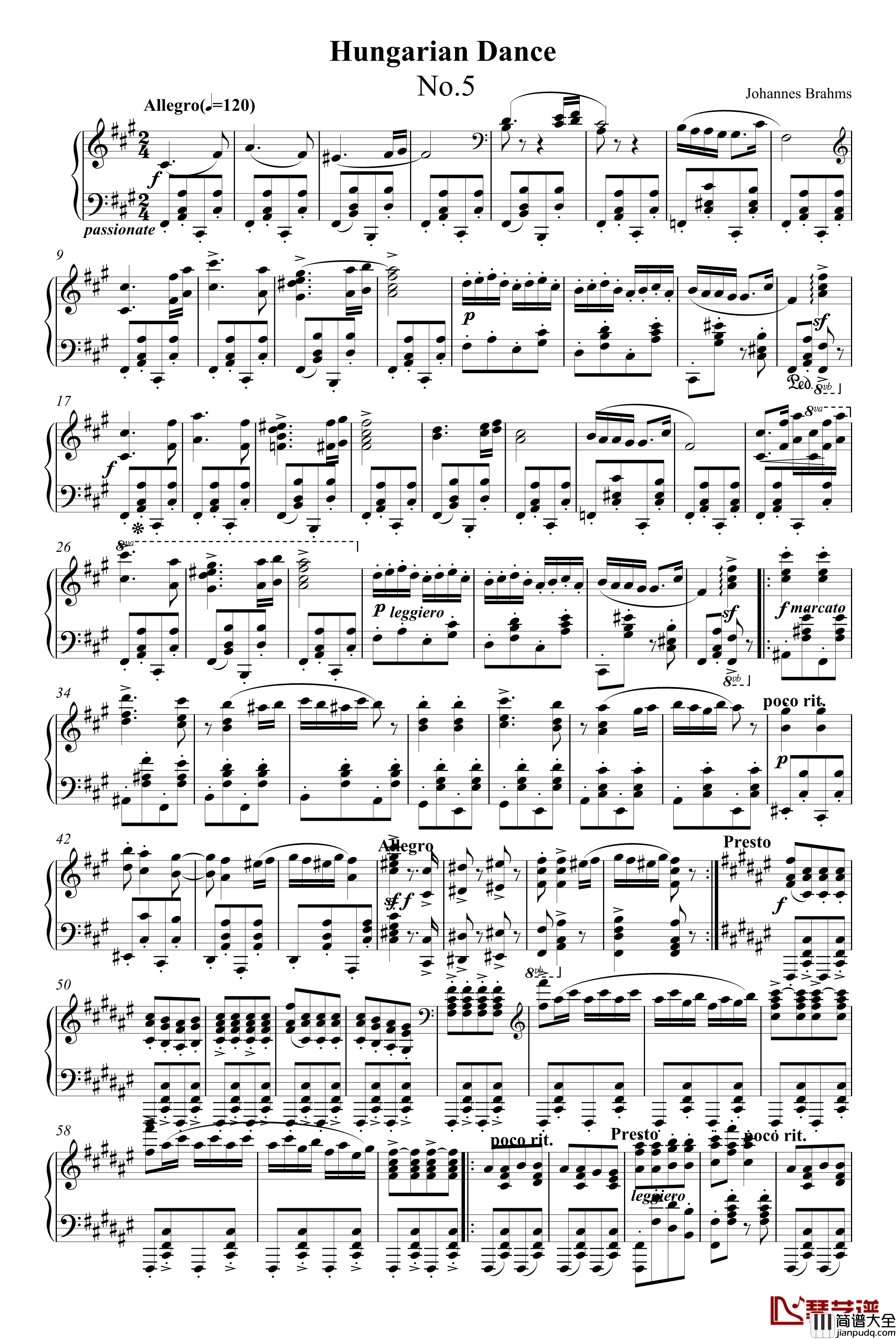 匈牙利舞曲第五号钢琴钢琴谱_独奏版_勃拉姆斯_Brahms
