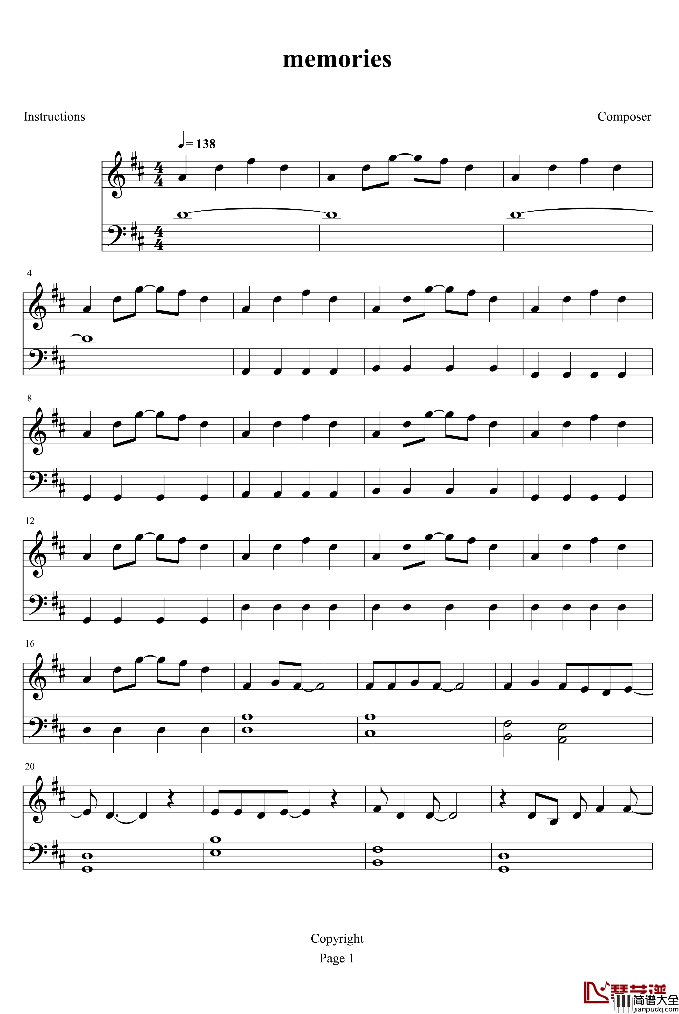 memories钢琴谱_海贼王_动漫影视