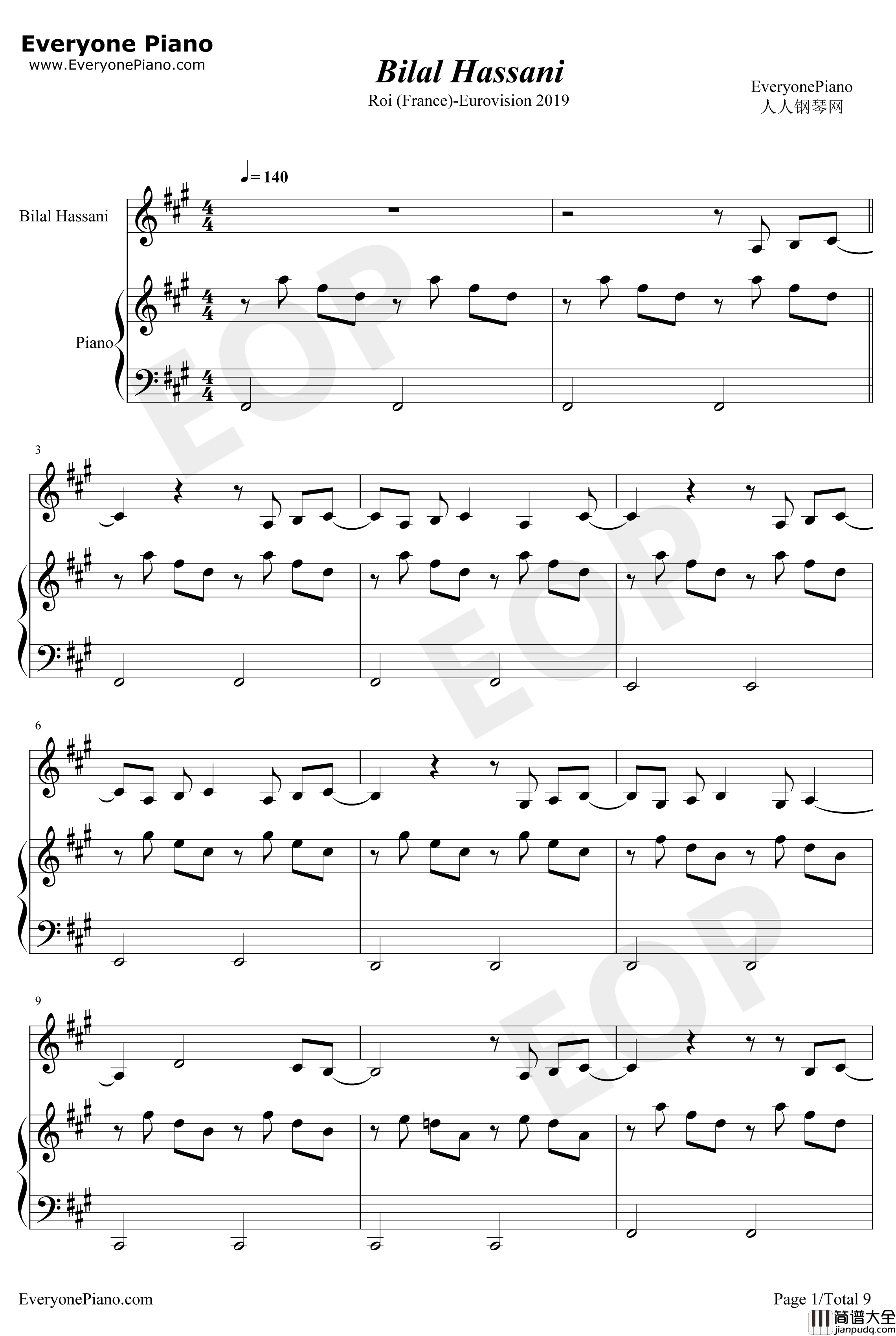 Roi钢琴谱_BilalHassani_2019年欧洲歌唱大赛