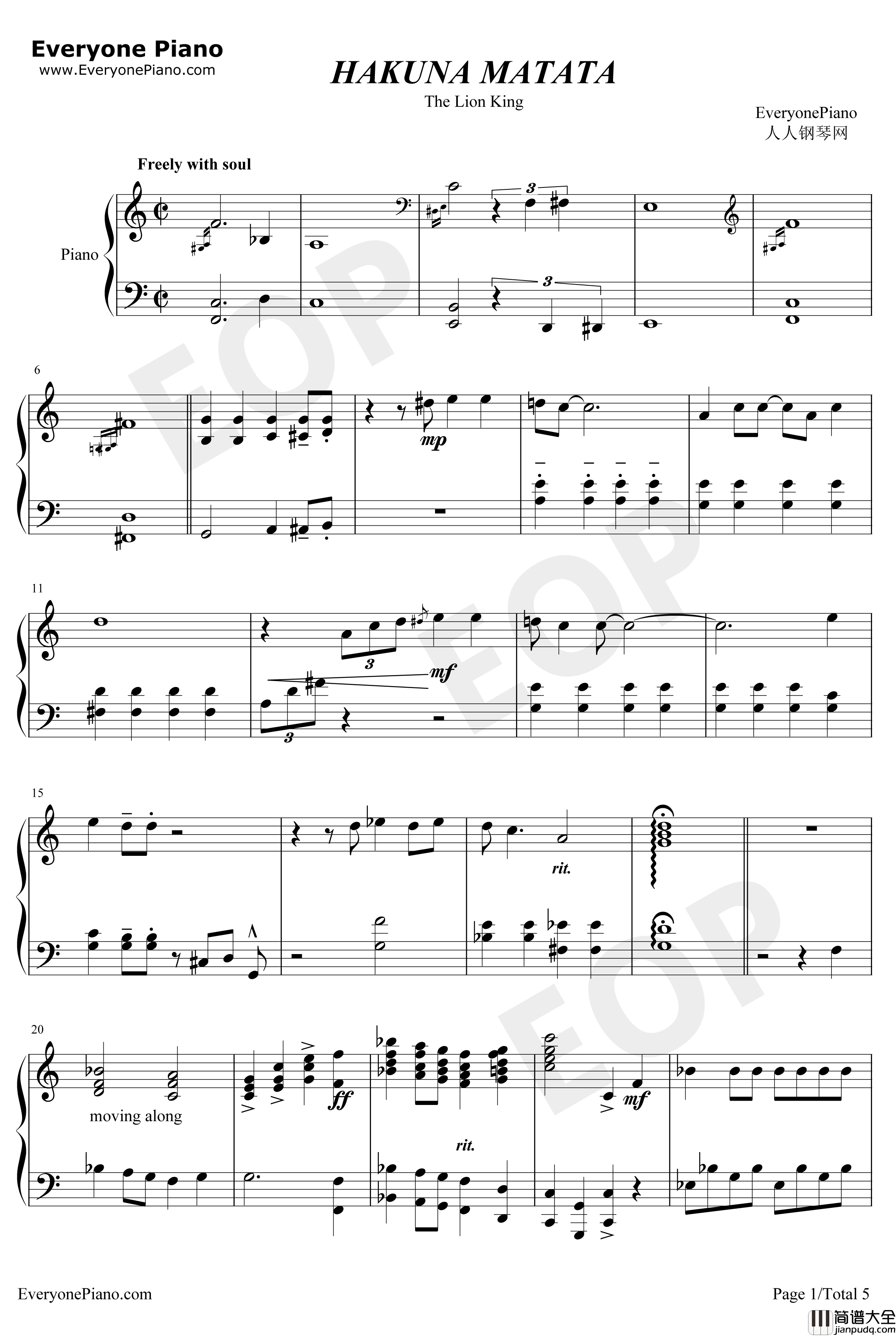 Hakuna_Matata钢琴谱_EltonJohn_狮子王OST