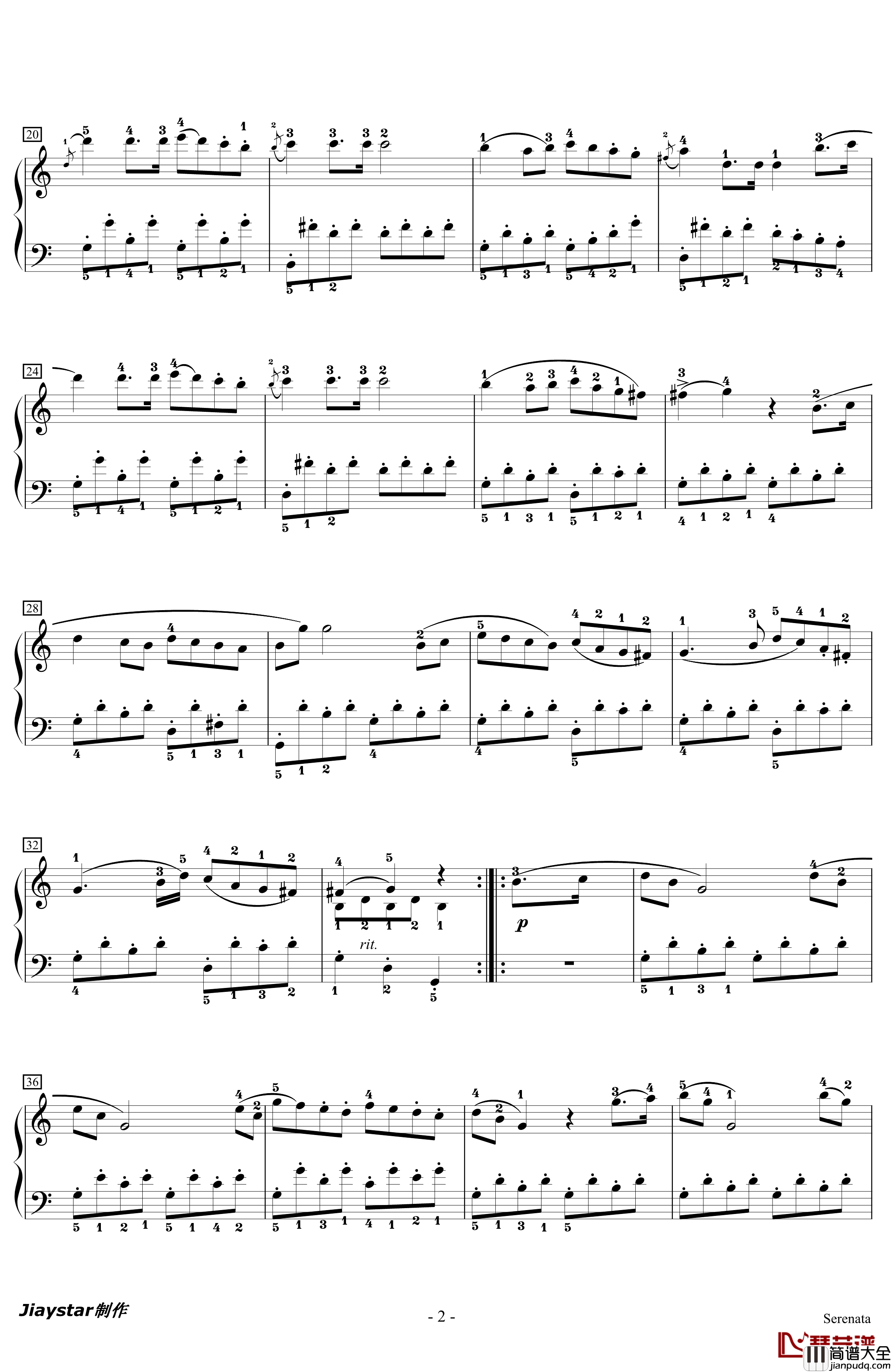 小夜曲钢琴谱_如歌的行板_附指法_海顿