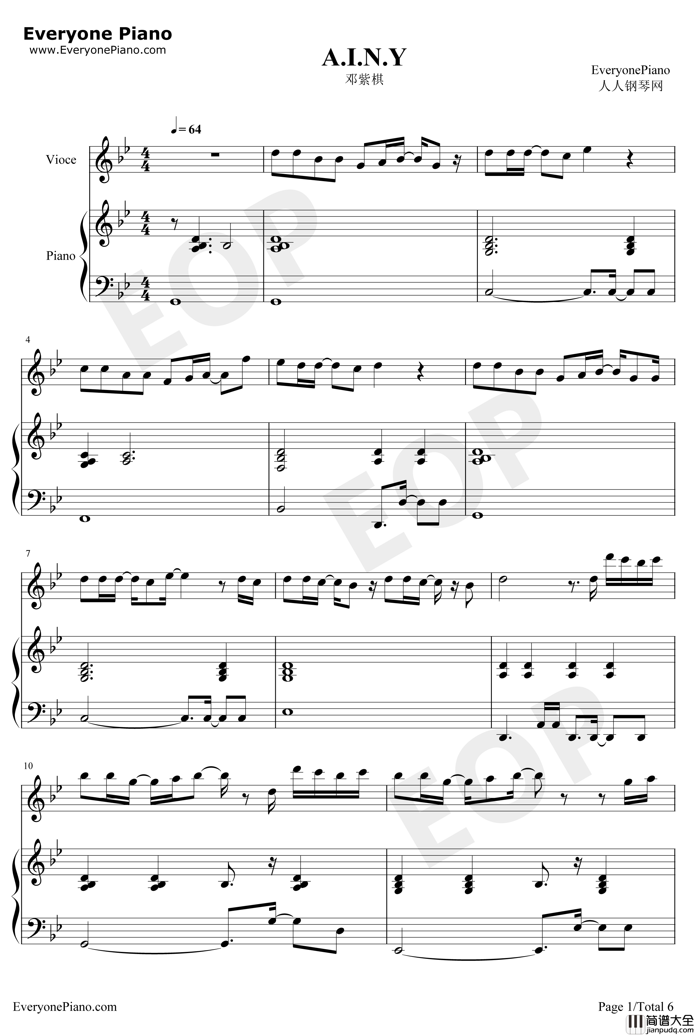 A.I.N.Y钢琴谱_邓紫棋