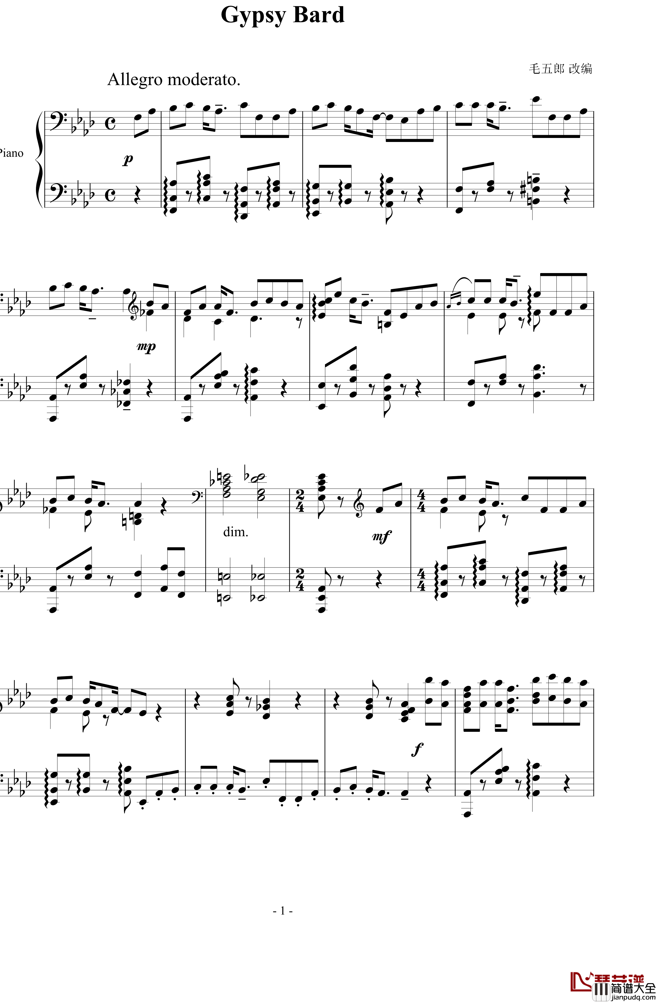 Gypsy_Bard钢琴谱_改编钢琴独奏_Pinkie_Pie
