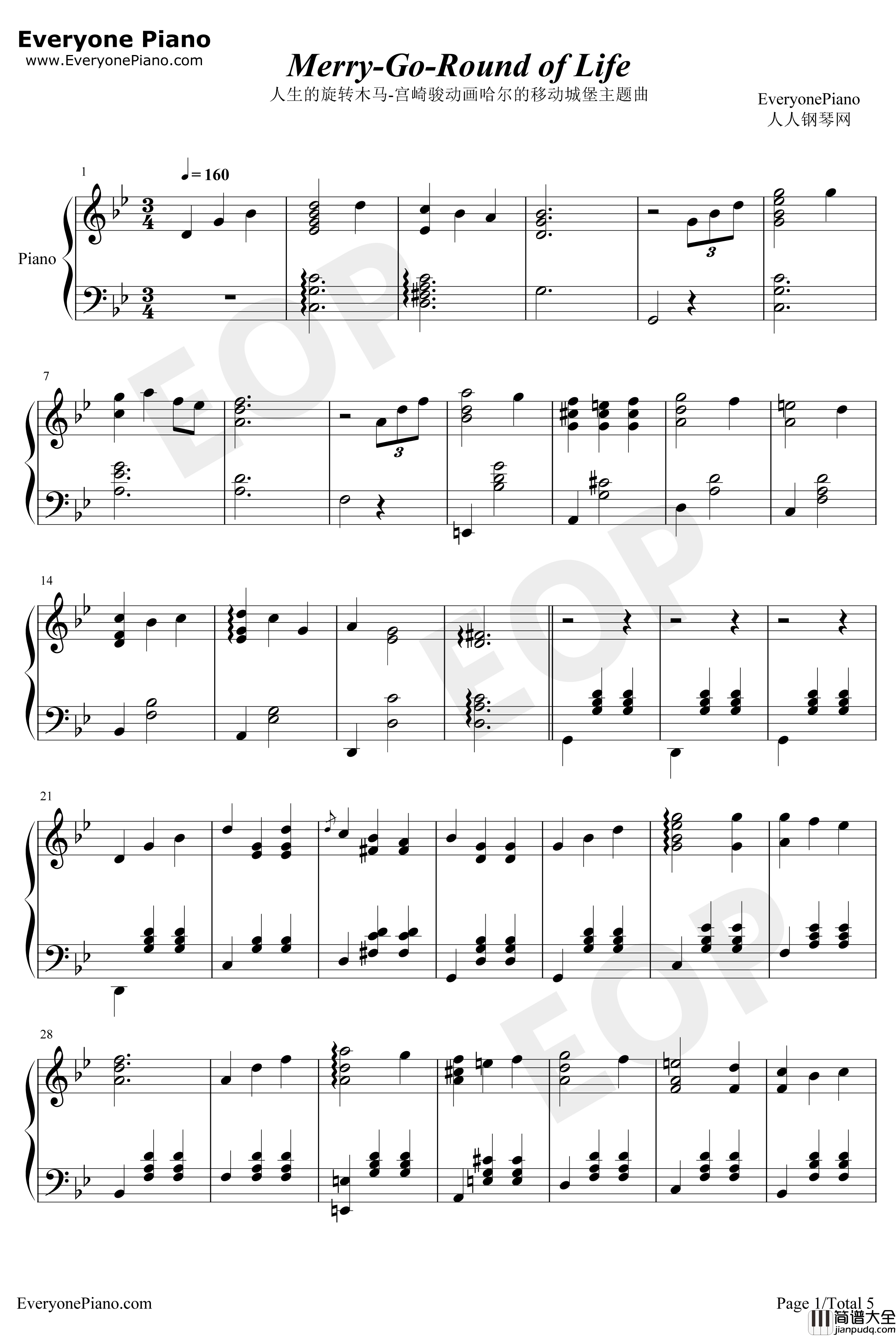 人生的旋转木马钢琴谱_久石让_完整版_Merry_Go_RoundofLife