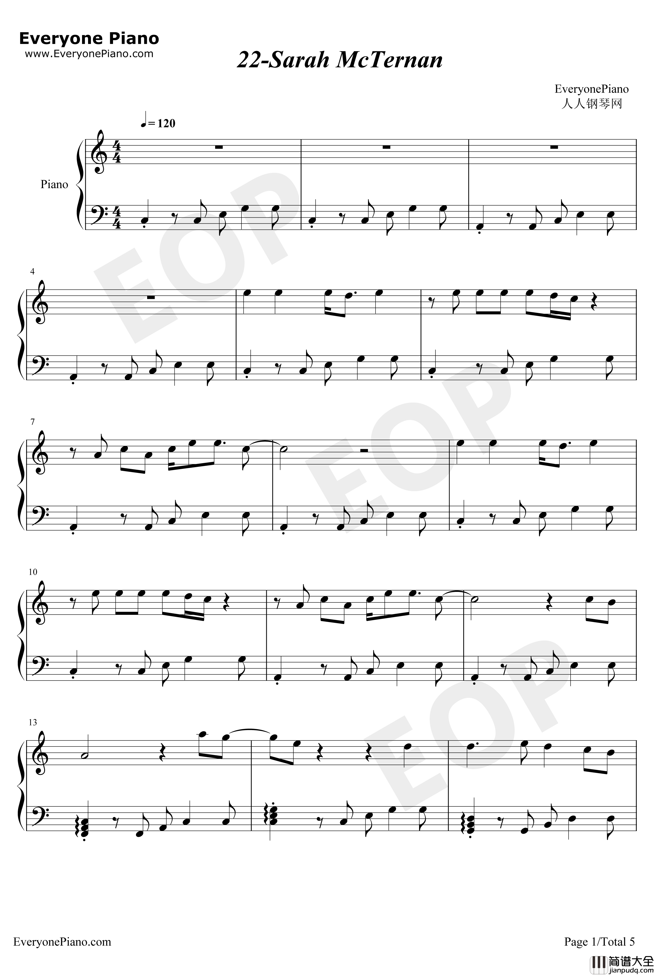 22钢琴谱_SarahMcTernan_2019年欧洲歌唱大赛