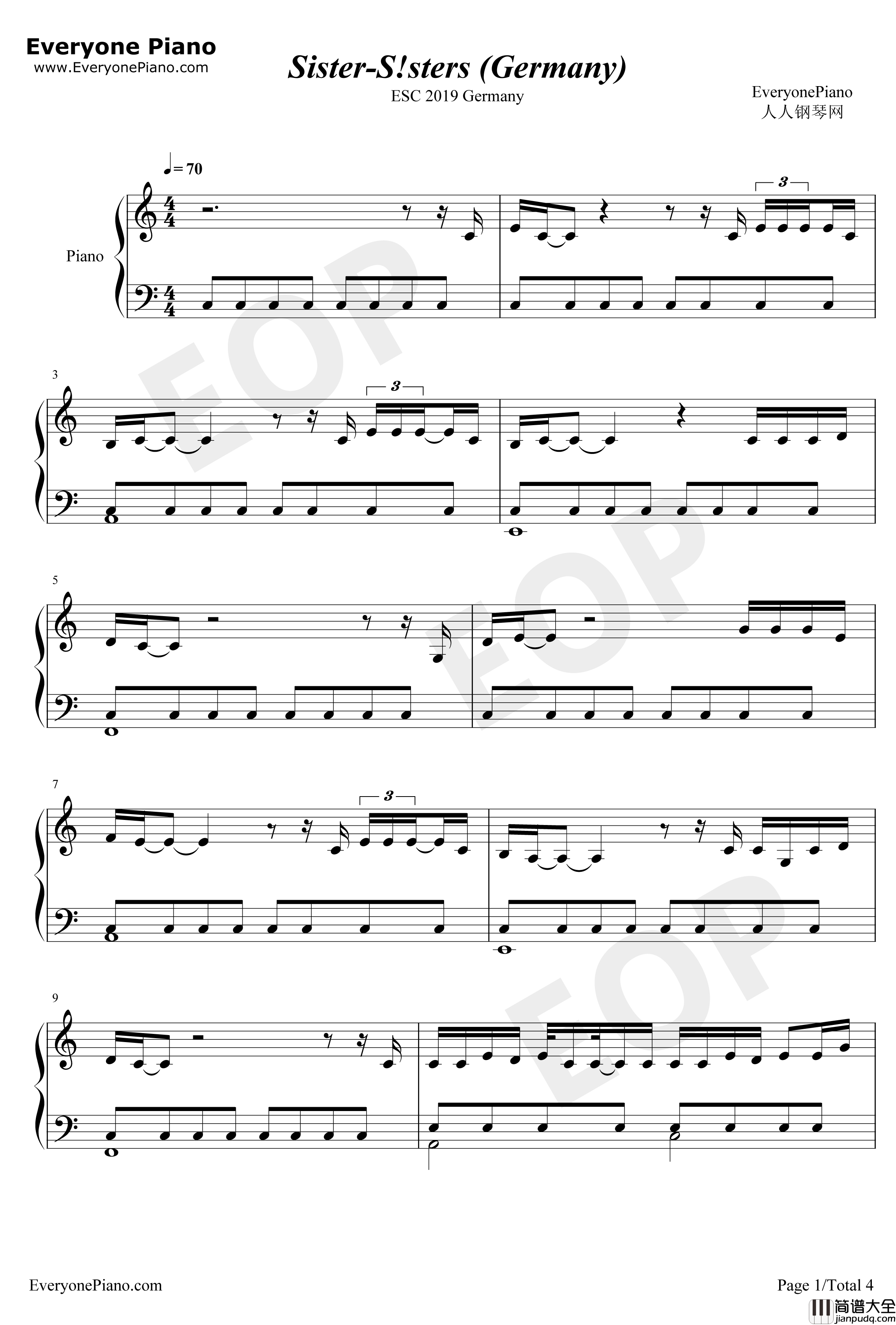 Sister钢琴谱_S!sters_2019年欧洲歌唱大赛