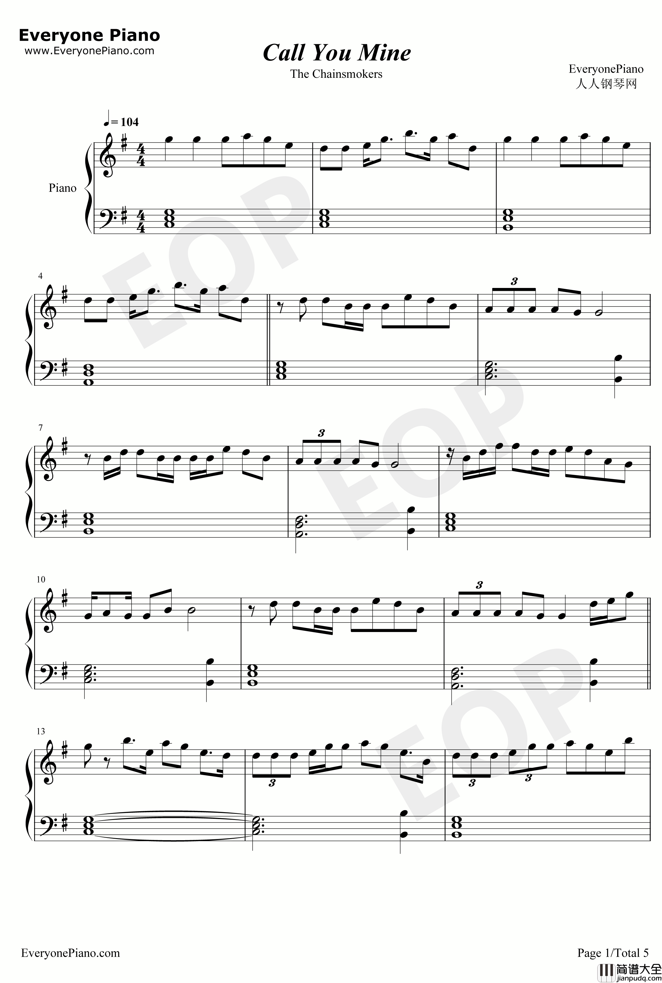 Call_You_Mine钢琴谱_The_Chainsmokers_Bebe_Rexha