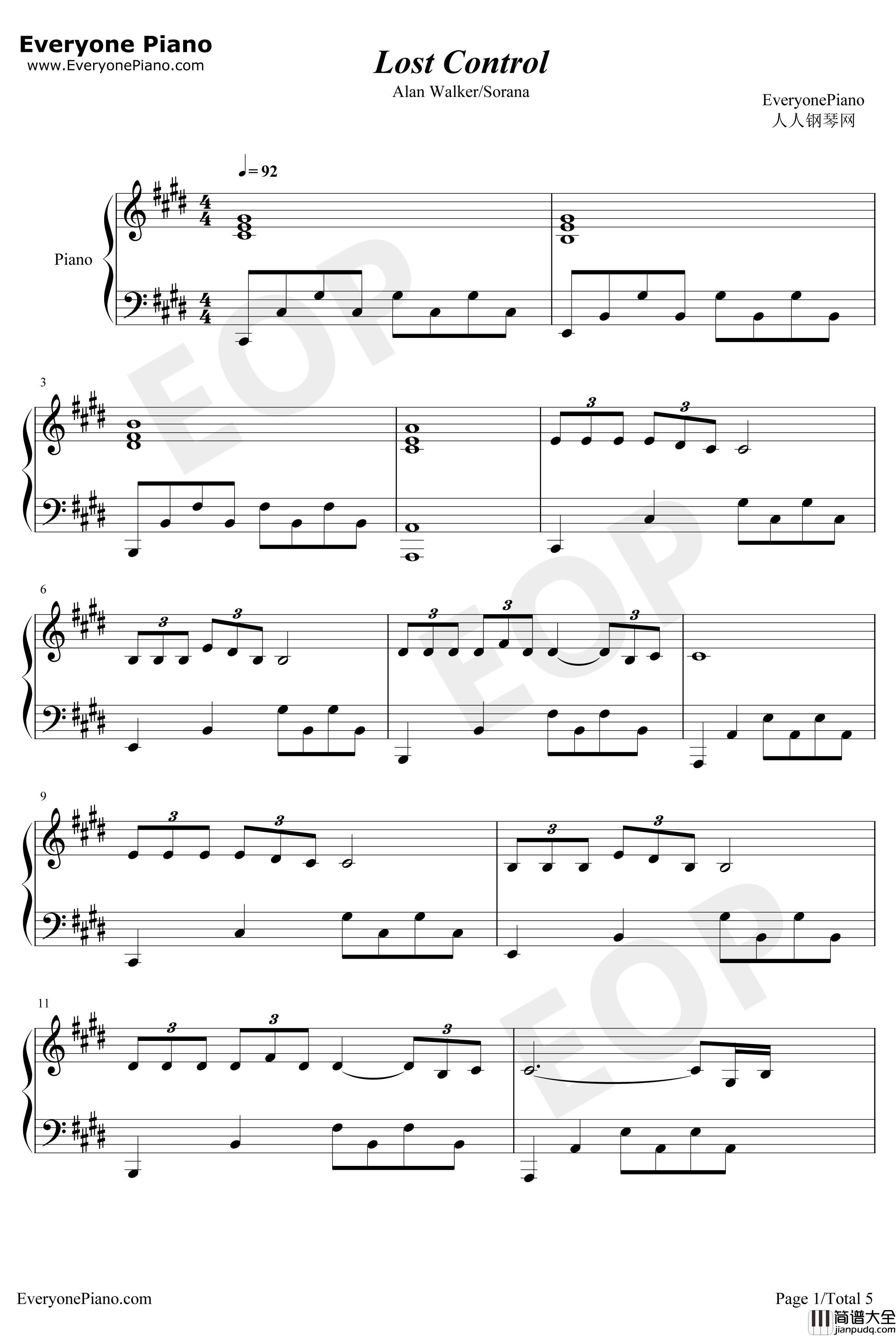 Lost_Control钢琴谱_Alan_Walker_Sorana