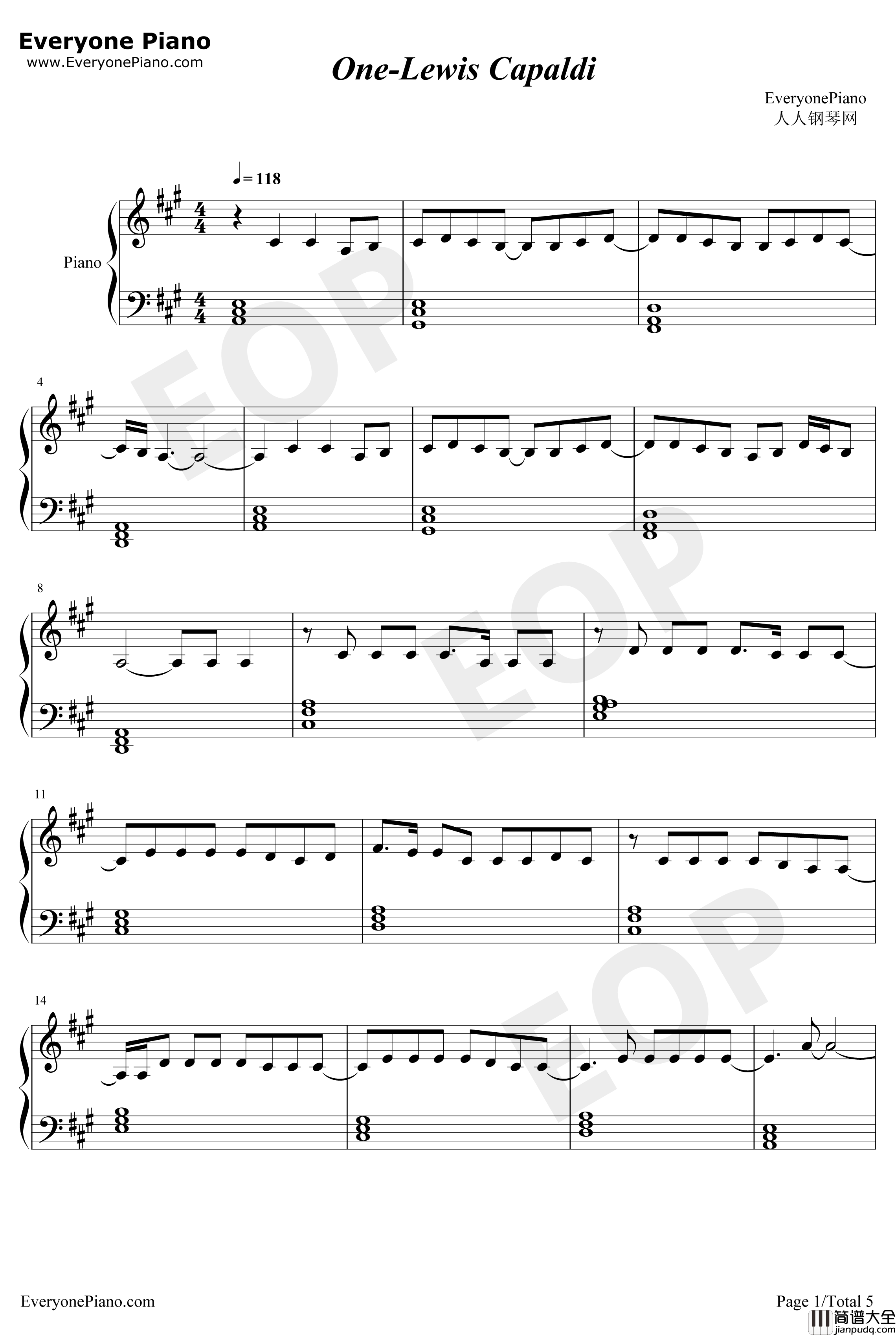 One钢琴谱_LewisCapaldi