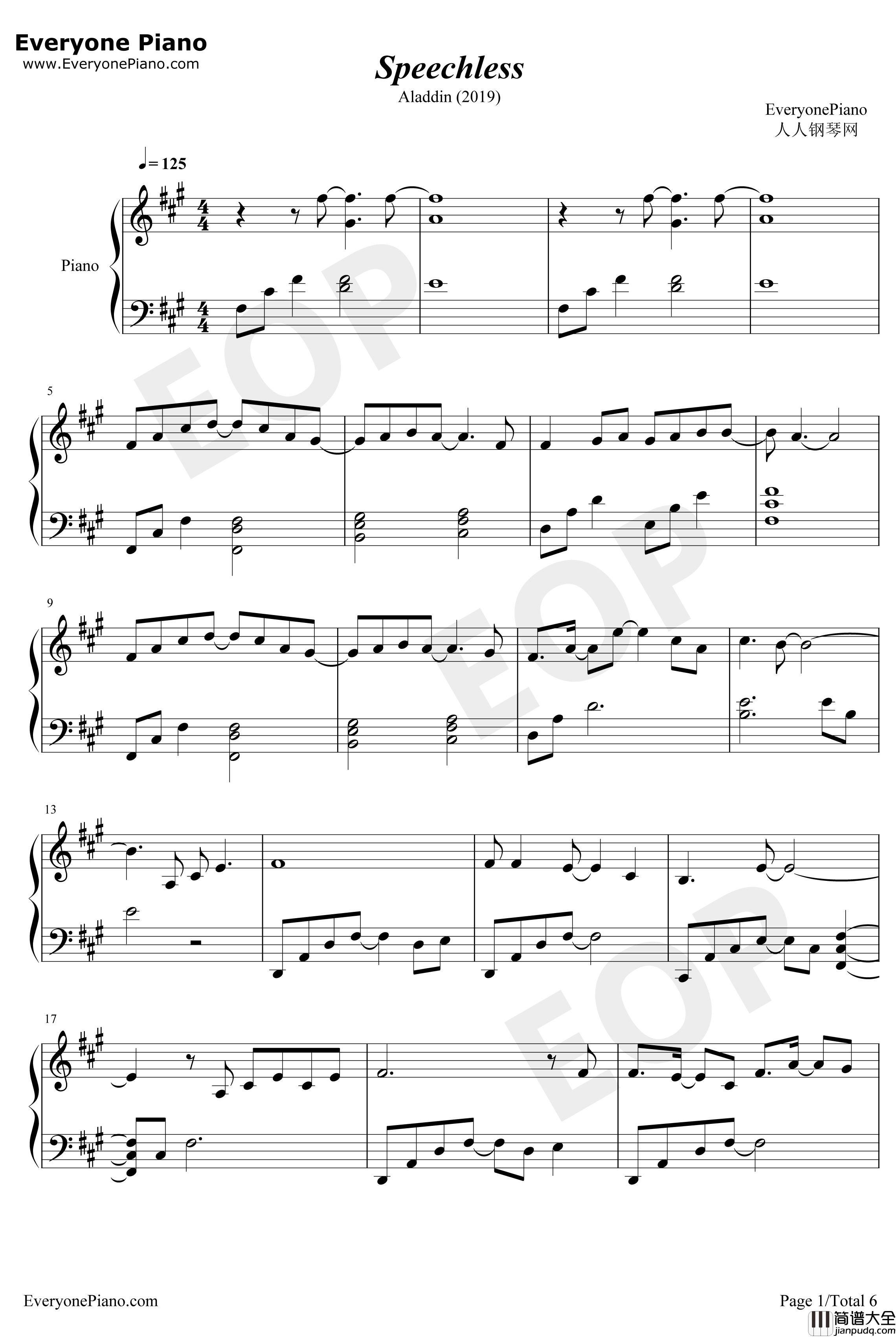 Speechless钢琴谱_AlanMenken_阿拉丁原声音乐