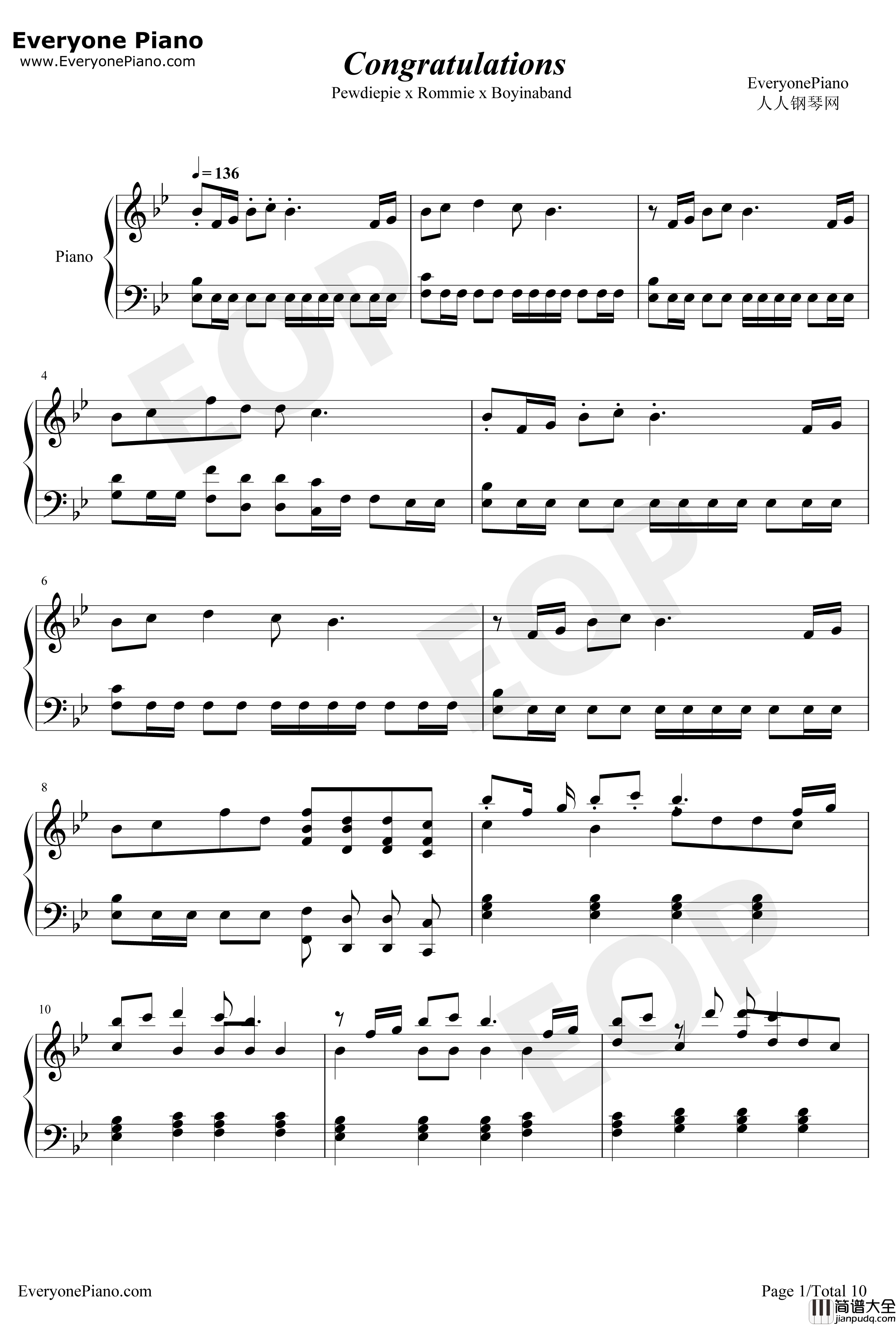 Congratulations钢琴谱_Pewdiepie