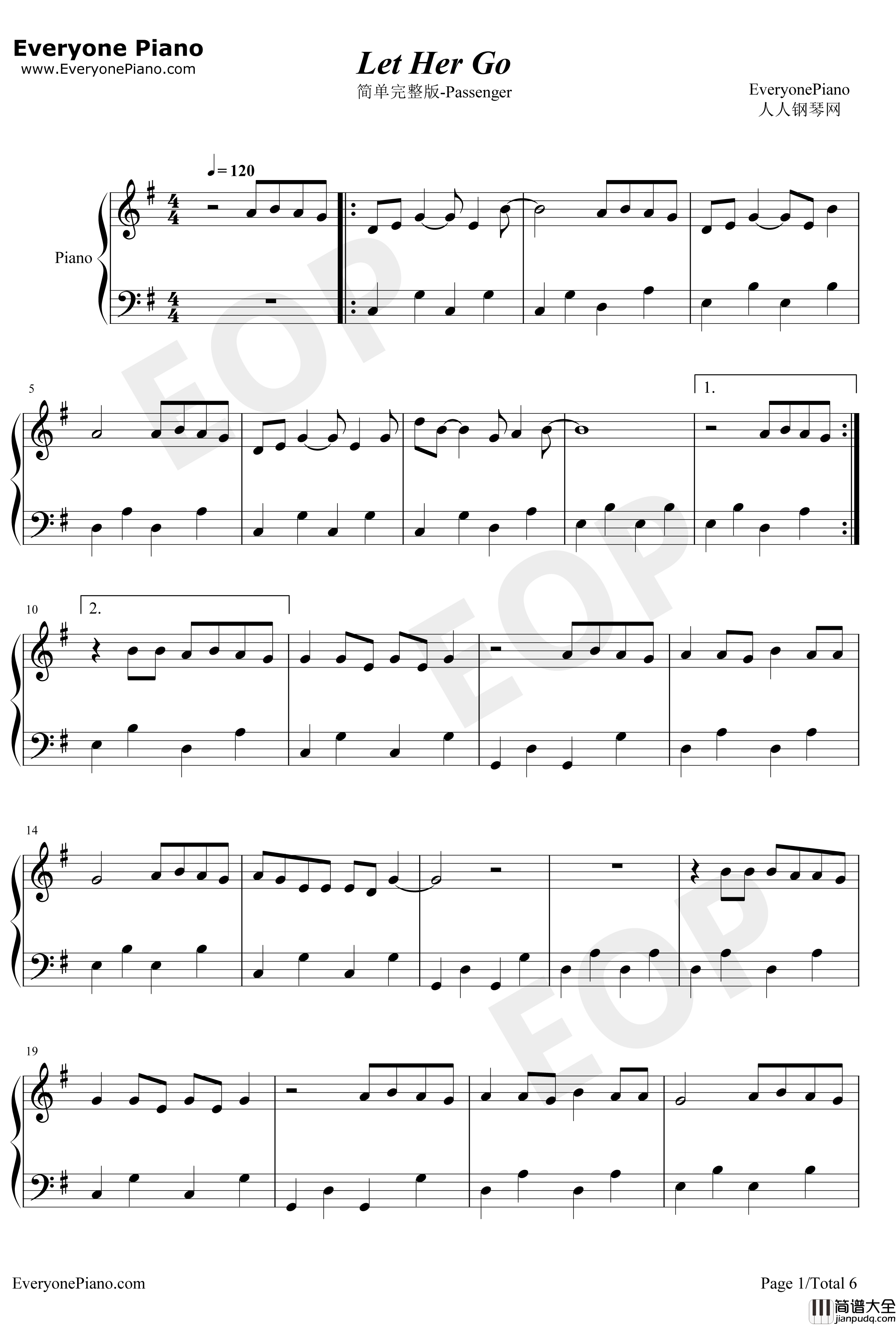 Let_Her_Go钢琴谱_Passenger_简单完整版