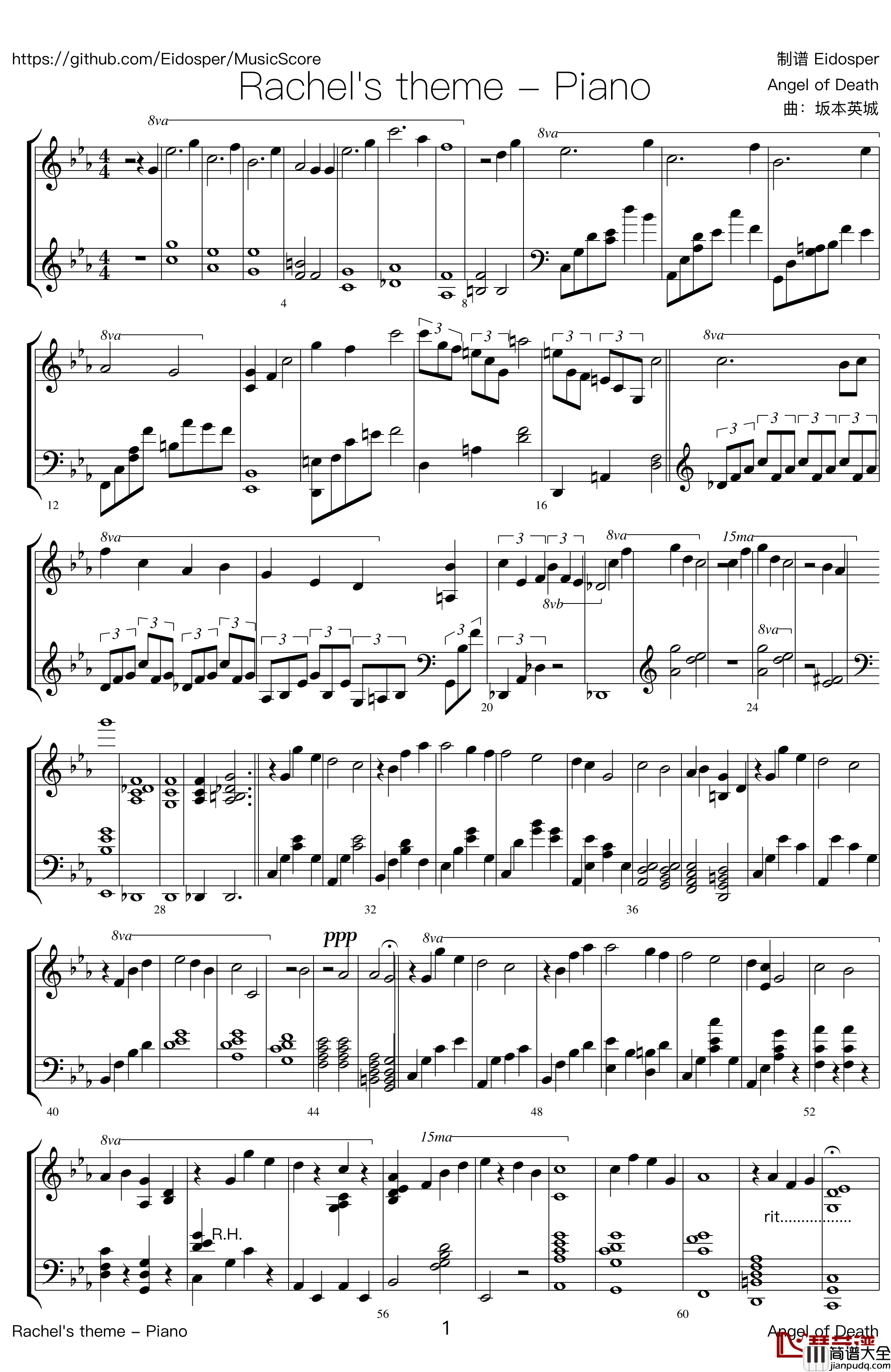 Rachel‘s_theme_piano钢琴谱___杀戮天使