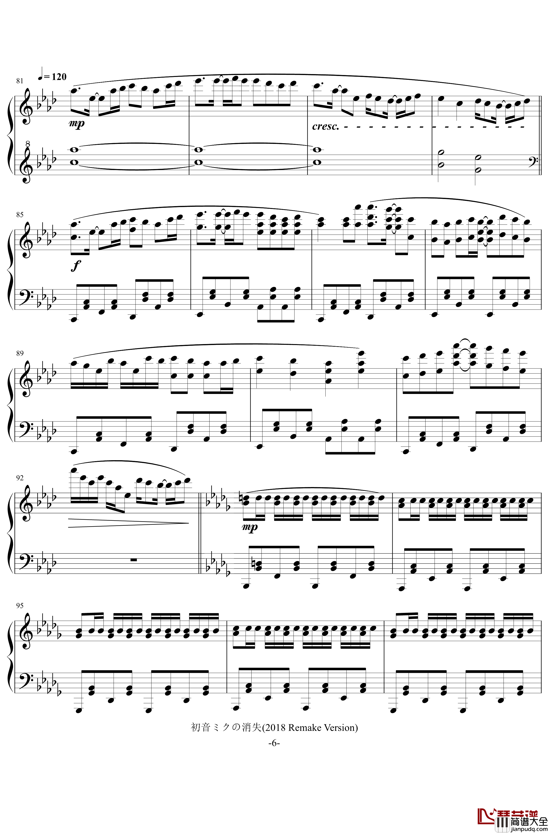 初音ミクの消失钢琴谱_2018_Remake_初音未来